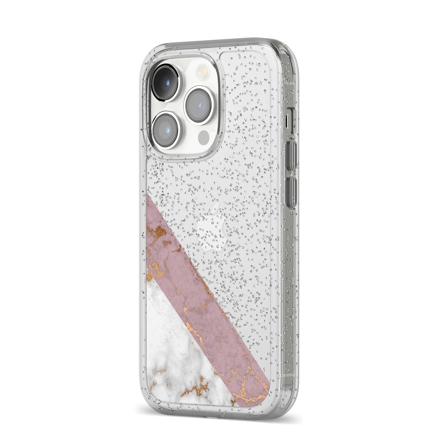 Transparent Pink and White Marble iPhone 14 Pro Glitter Tough Case Silver Angled Image