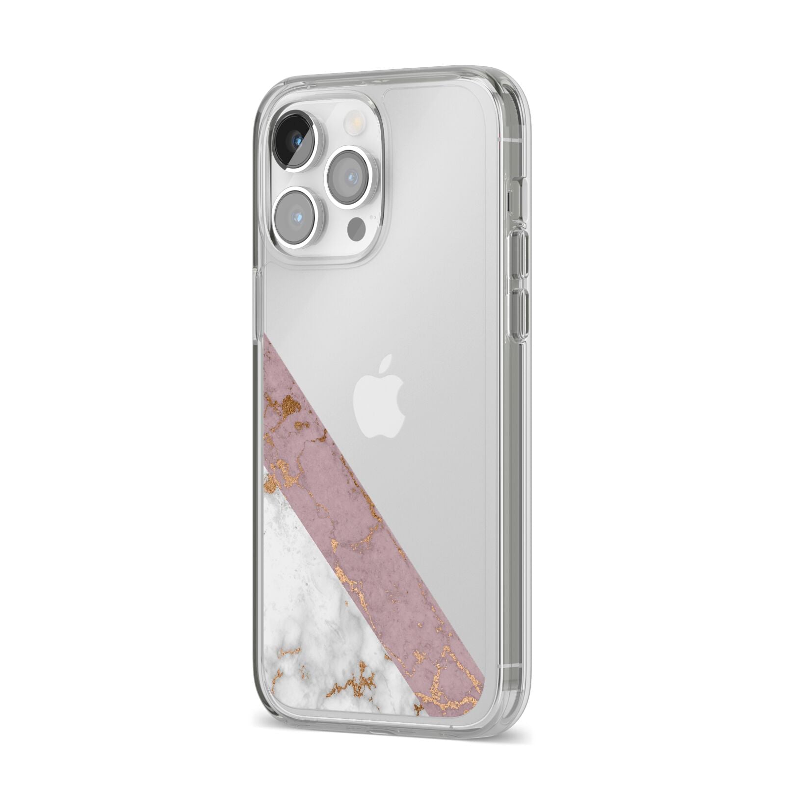 Transparent Pink and White Marble iPhone 14 Pro Max Clear Tough Case Silver Angled Image