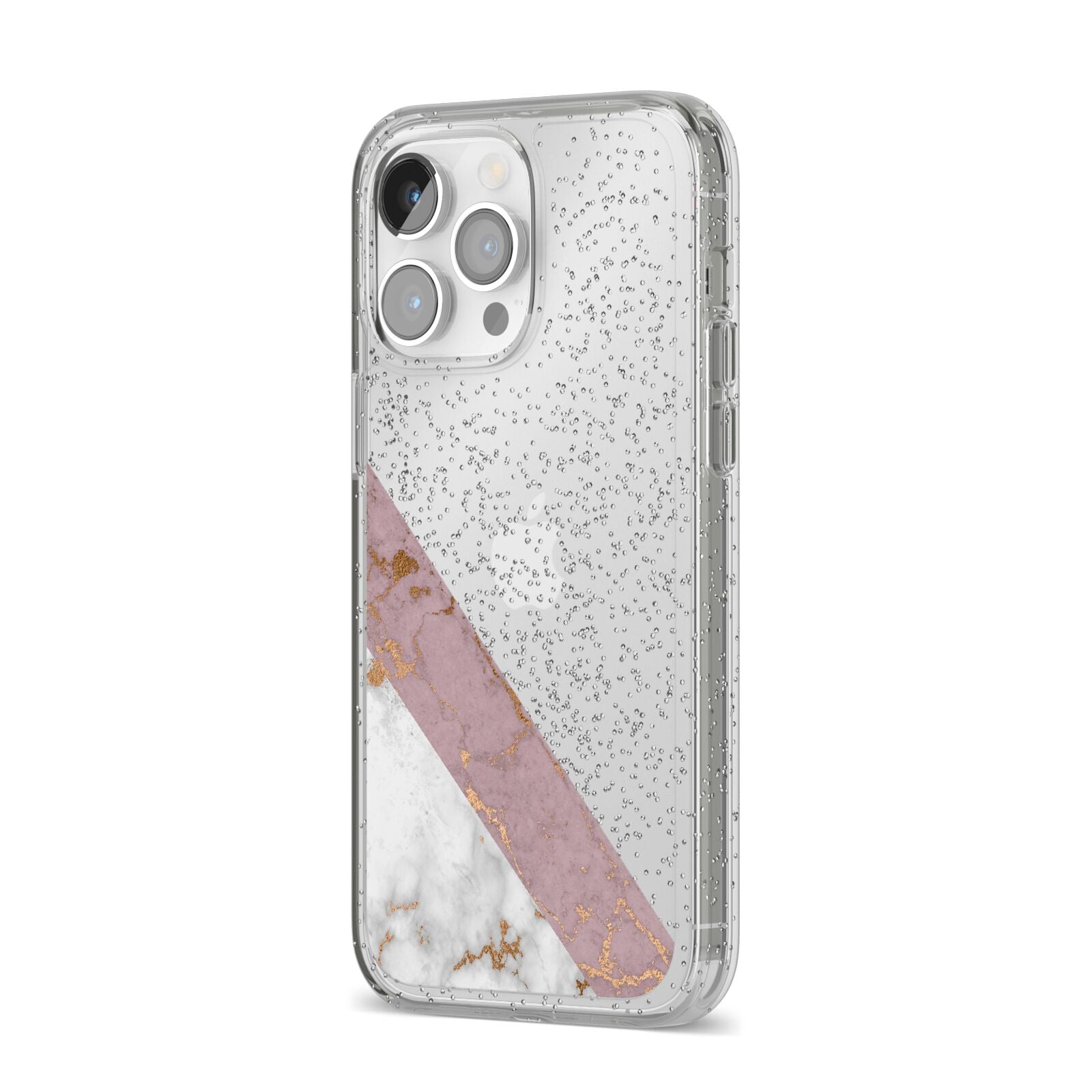 Transparent Pink and White Marble iPhone 14 Pro Max Glitter Tough Case Silver Angled Image
