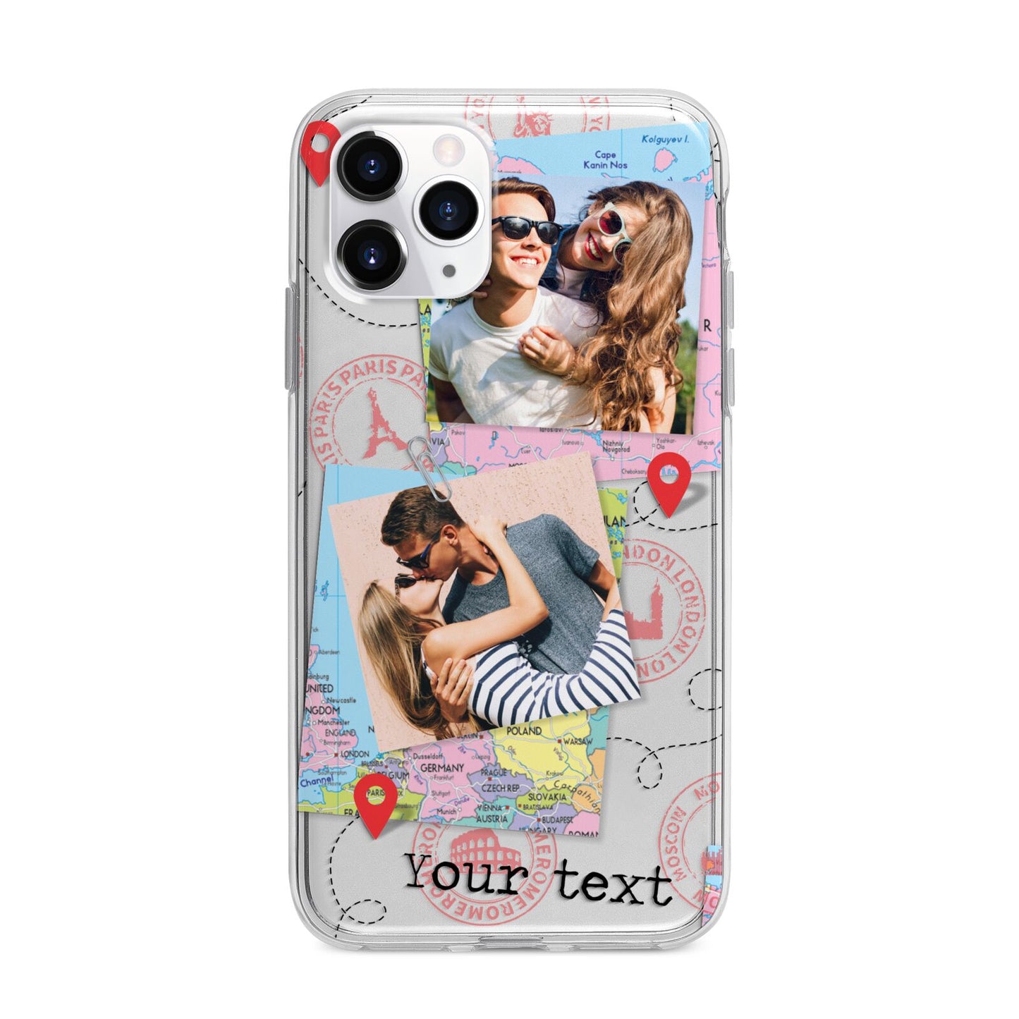 Travel Photo Montage Upload with Text Apple iPhone 11 Pro Max in Silver with Bumper Case