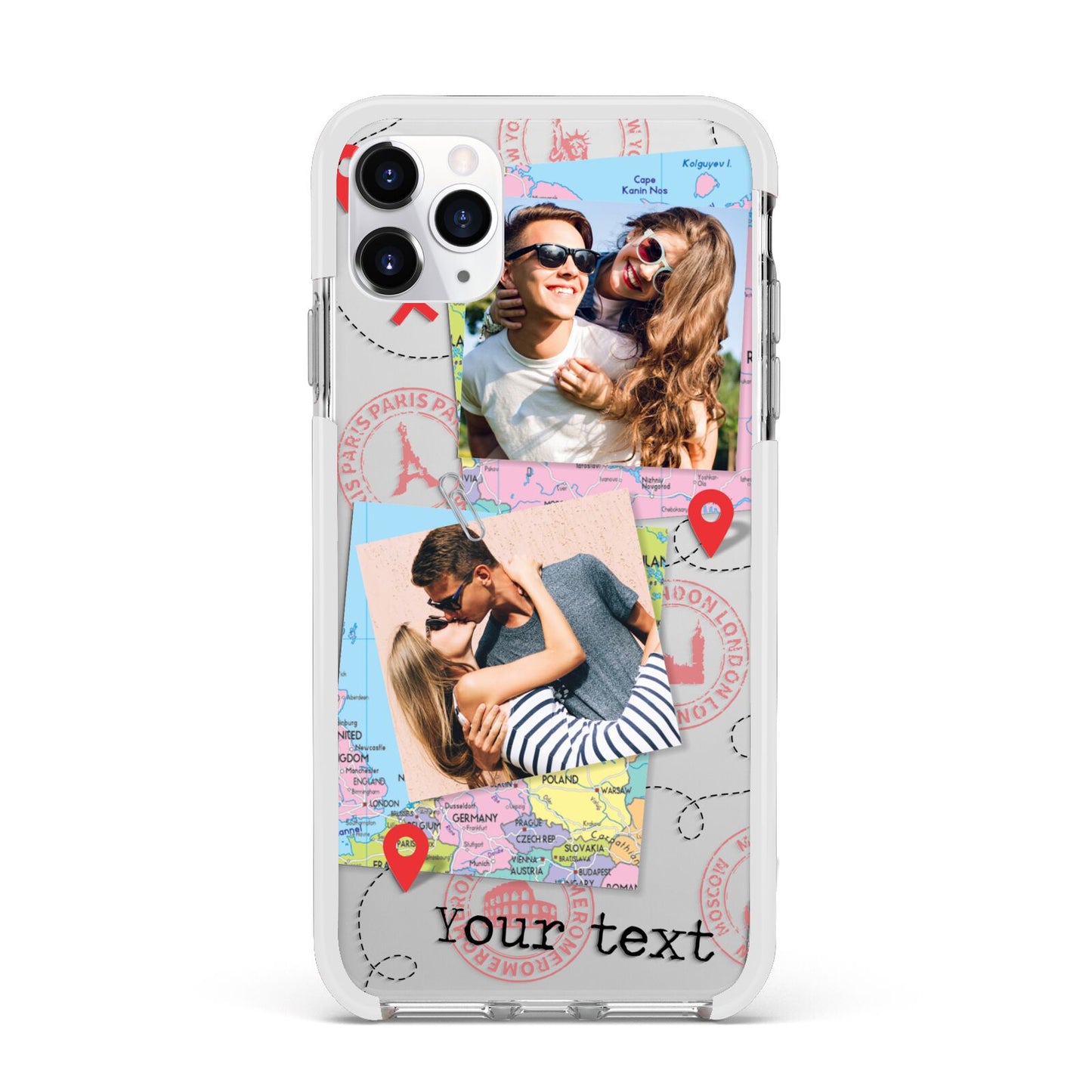 Travel Photo Montage Upload with Text Apple iPhone 11 Pro Max in Silver with White Impact Case