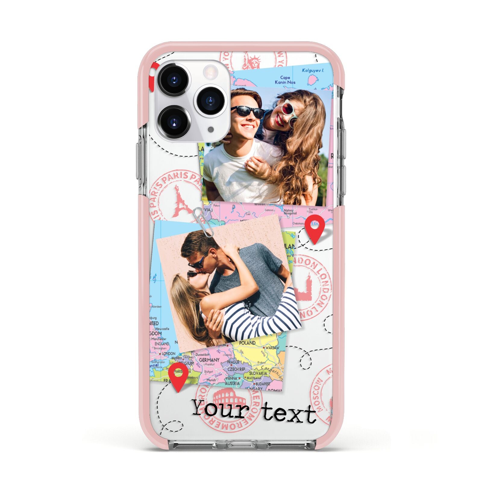 Travel Photo Montage Upload with Text Apple iPhone 11 Pro in Silver with Pink Impact Case