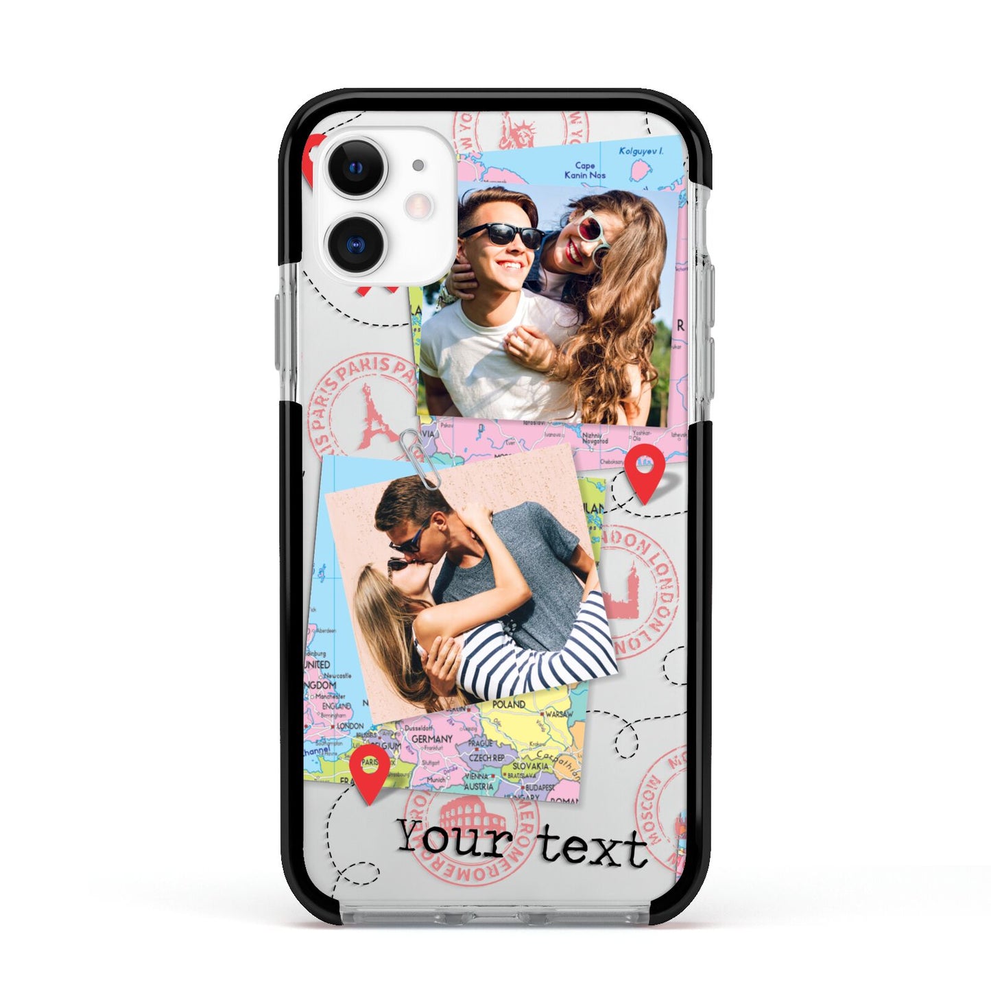 Travel Photo Montage Upload with Text Apple iPhone 11 in White with Black Impact Case