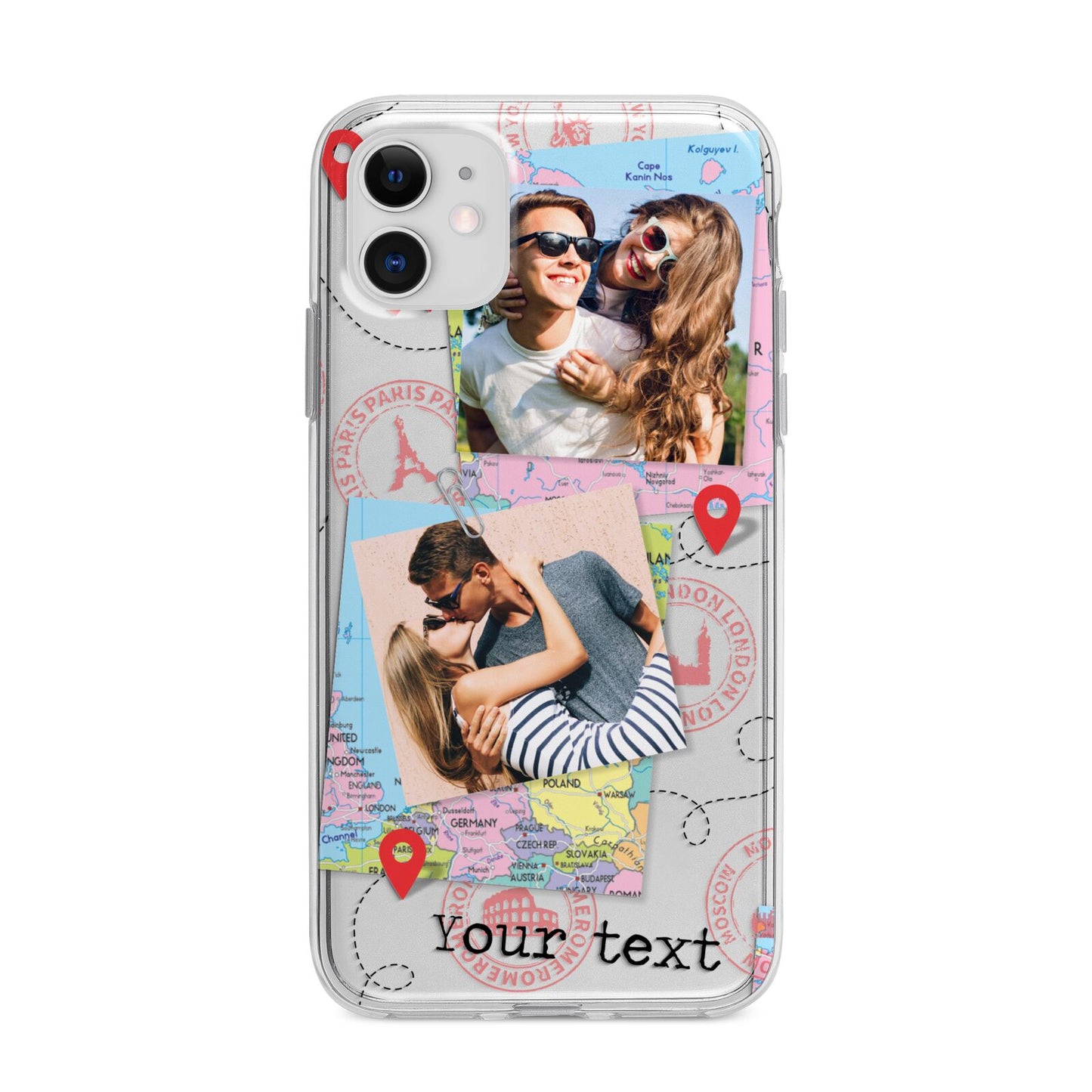 Travel Photo Montage Upload with Text Apple iPhone 11 in White with Bumper Case