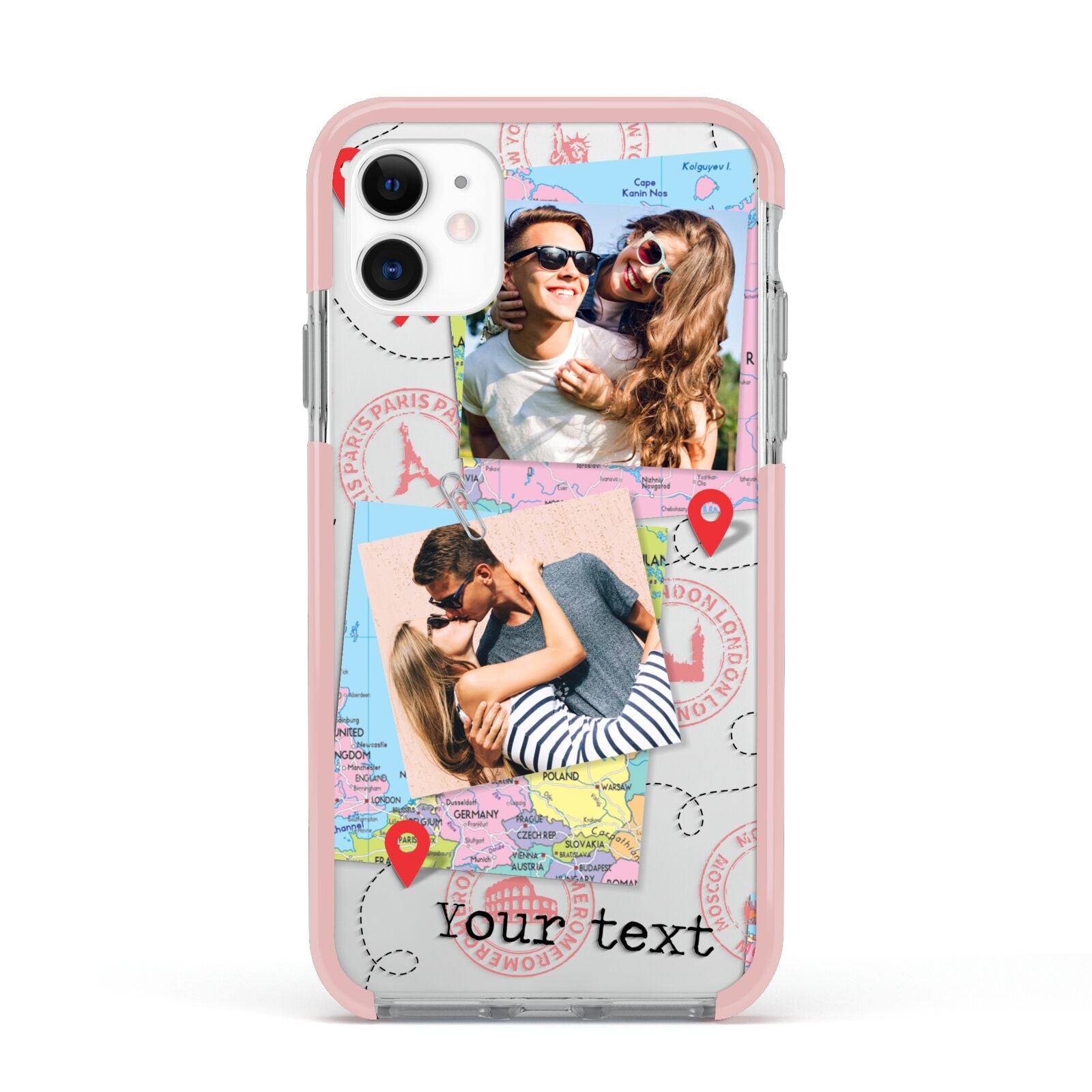 Travel Photo Montage Upload with Text Apple iPhone 11 in White with Pink Impact Case