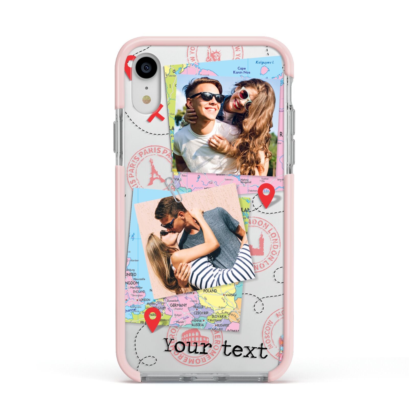 Travel Photo Montage Upload with Text Apple iPhone XR Impact Case Pink Edge on Silver Phone