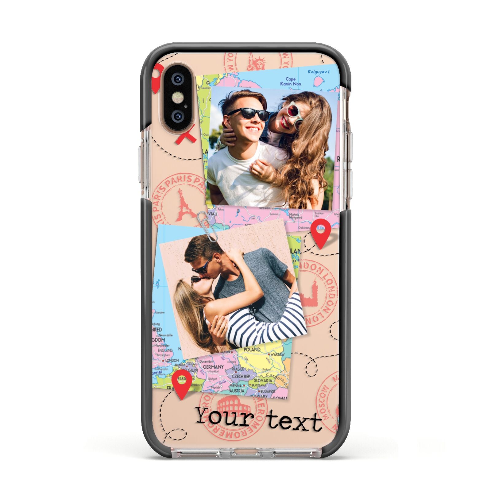 Travel Photo Montage Upload with Text Apple iPhone Xs Impact Case Black Edge on Gold Phone