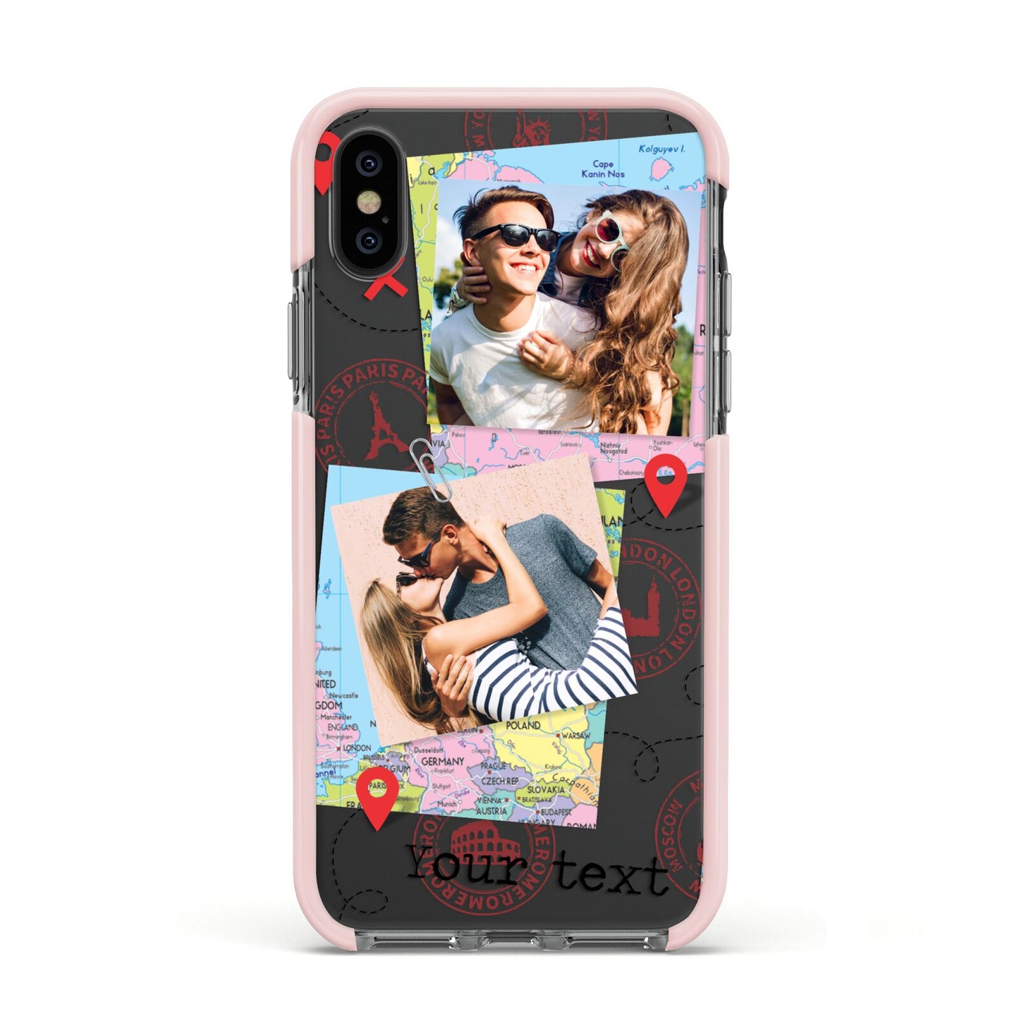 Travel Photo Montage Upload with Text Apple iPhone Xs Impact Case Pink Edge on Black Phone