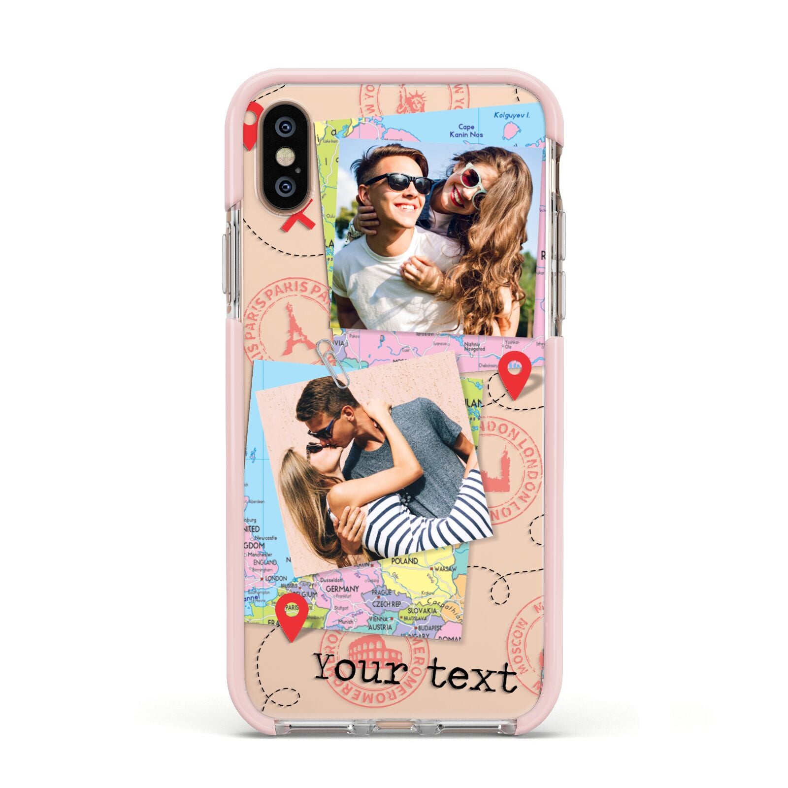 Travel Photo Montage Upload with Text Apple iPhone Xs Impact Case Pink Edge on Gold Phone