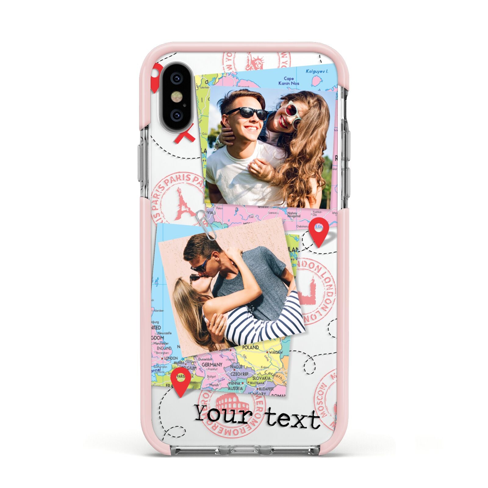 Travel Photo Montage Upload with Text Apple iPhone Xs Impact Case Pink Edge on Silver Phone
