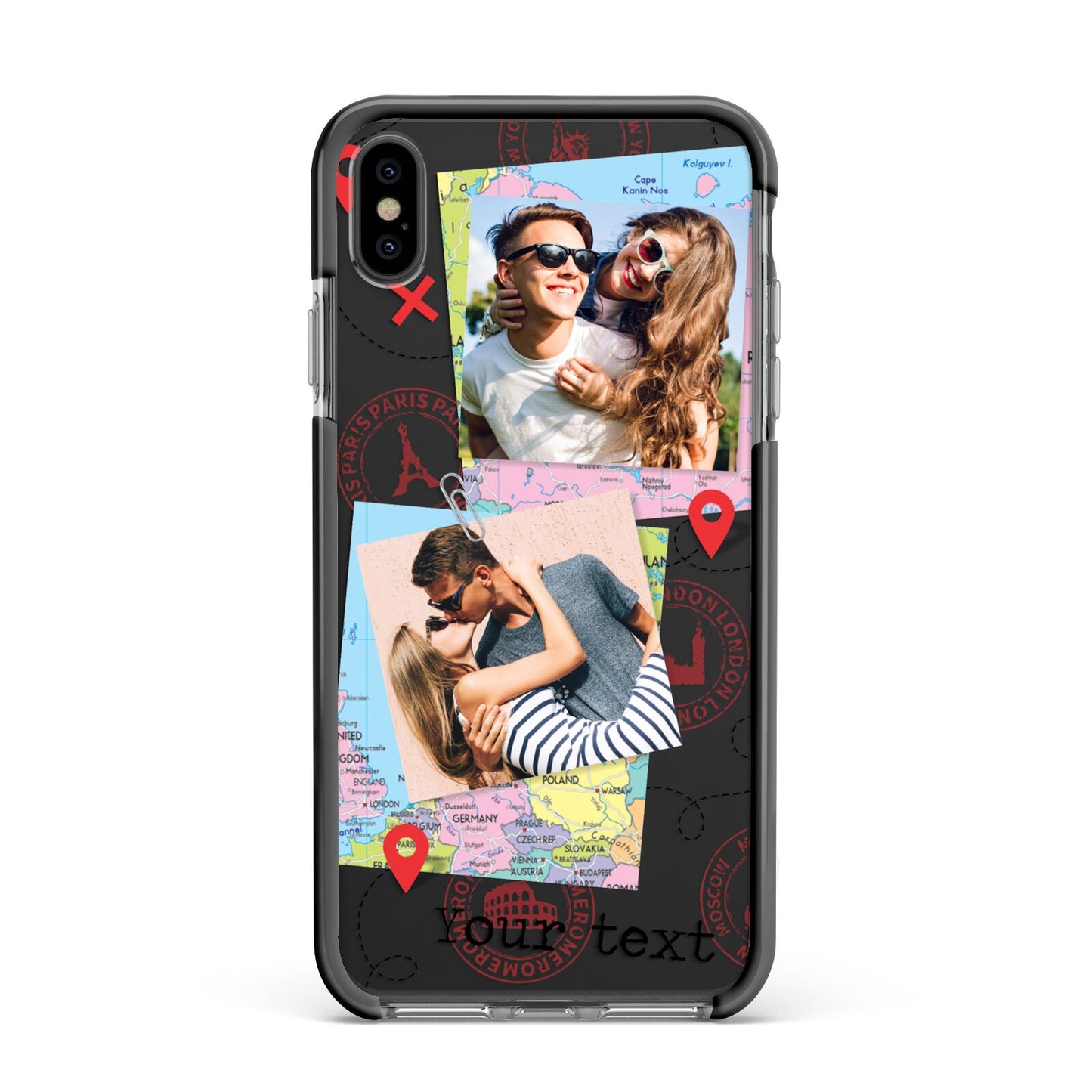 Travel Photo Montage Upload with Text Apple iPhone Xs Max Impact Case Black Edge on Black Phone
