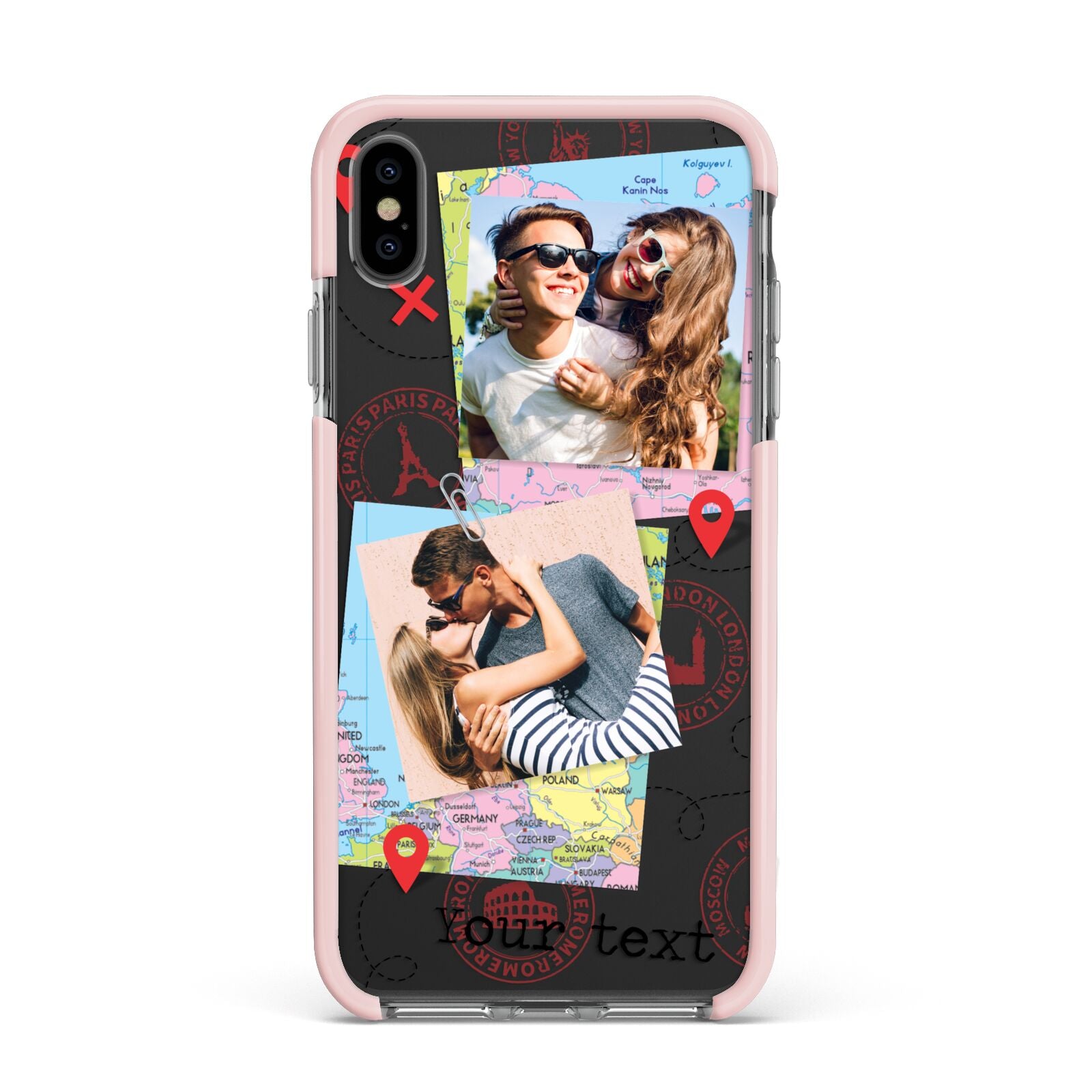 Travel Photo Montage Upload with Text Apple iPhone Xs Max Impact Case Pink Edge on Black Phone