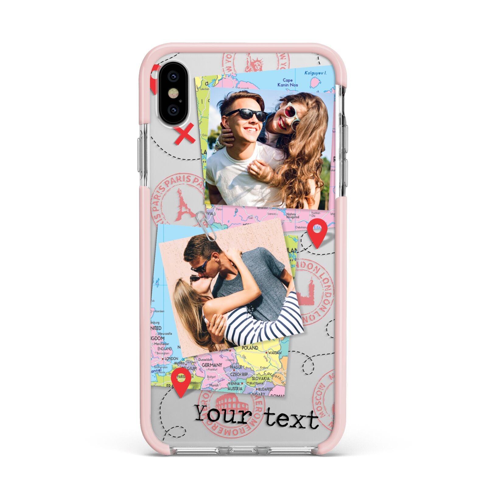 Travel Photo Montage Upload with Text Apple iPhone Xs Max Impact Case Pink Edge on Silver Phone