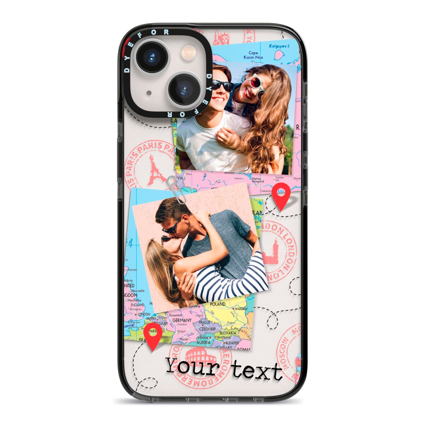 Travel Photo Montage Upload with Text iPhone 13 Black Impact Case on Silver phone