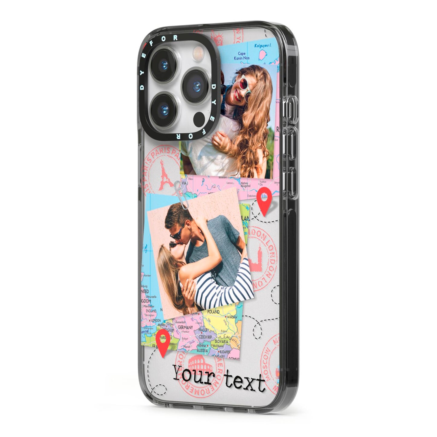 Travel Photo Montage Upload with Text iPhone 13 Pro Black Impact Case Side Angle on Silver phone