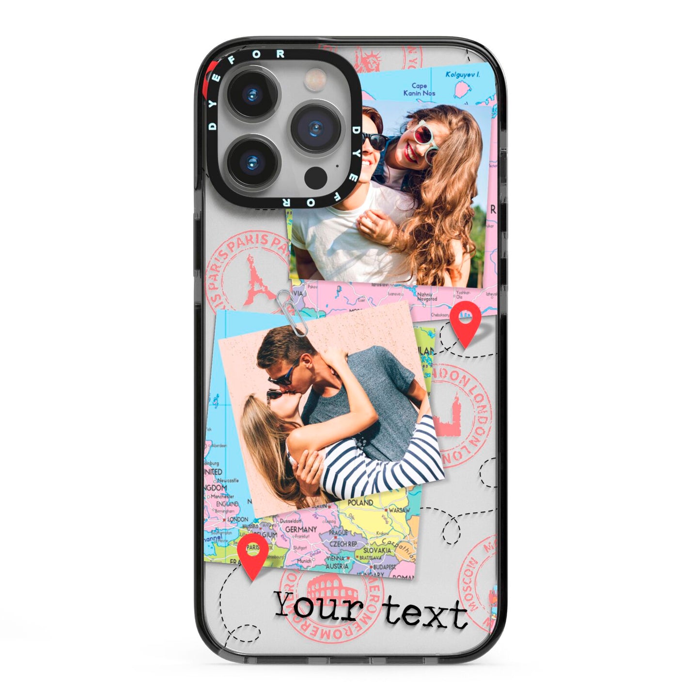 Travel Photo Montage Upload with Text iPhone 13 Pro Max Black Impact Case on Silver phone