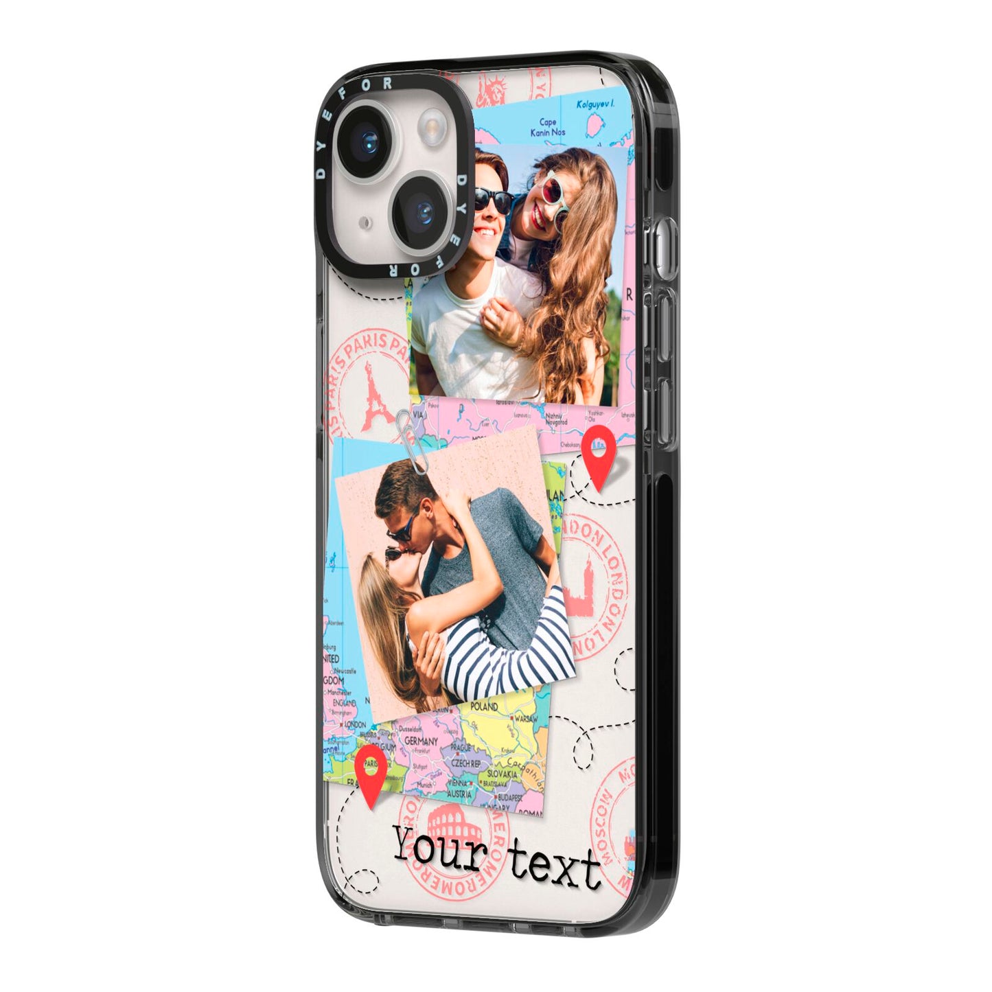 Travel Photo Montage Upload with Text iPhone 14 Black Impact Case Side Angle on Silver phone