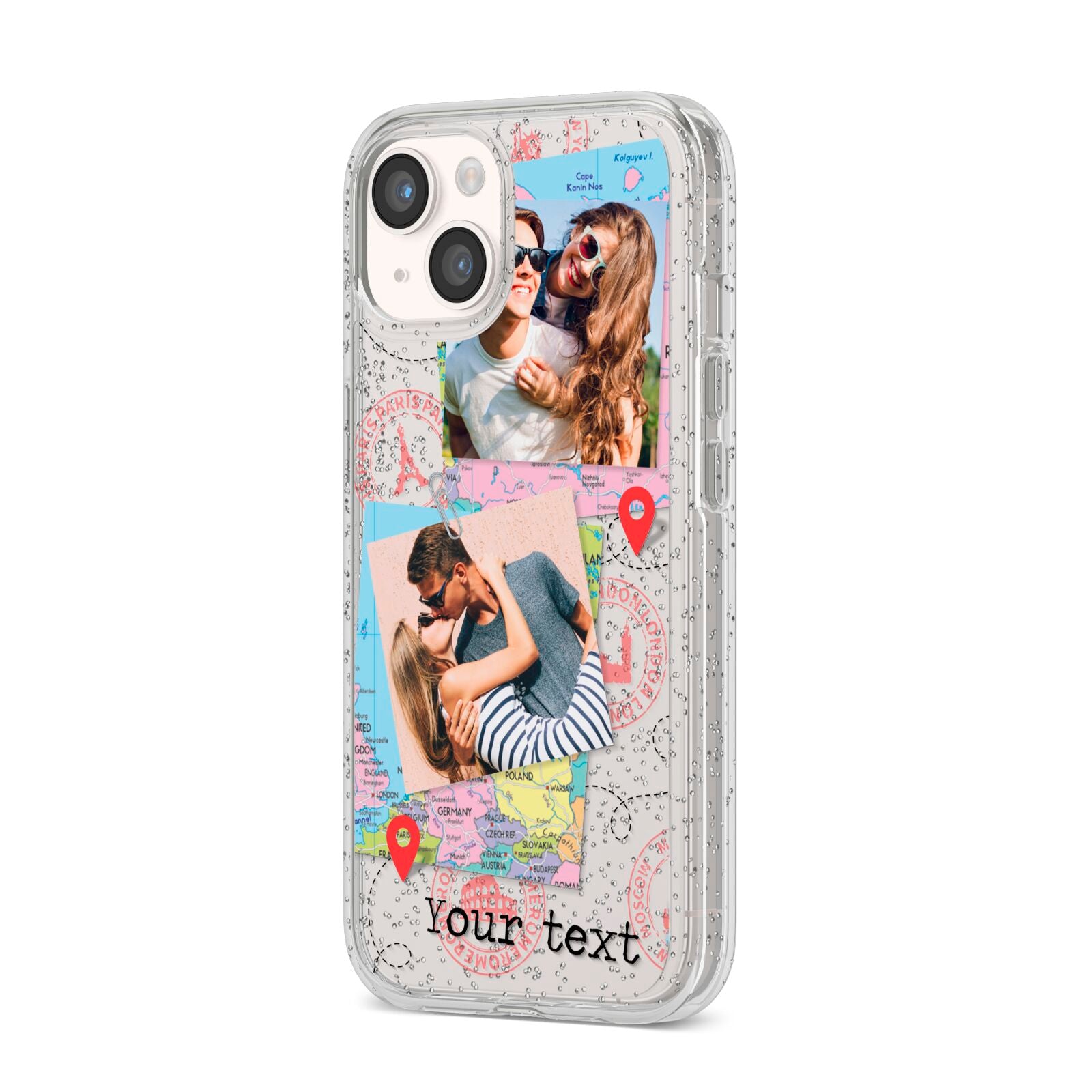 Travel Photo Montage Upload with Text iPhone 14 Glitter Tough Case Starlight Angled Image