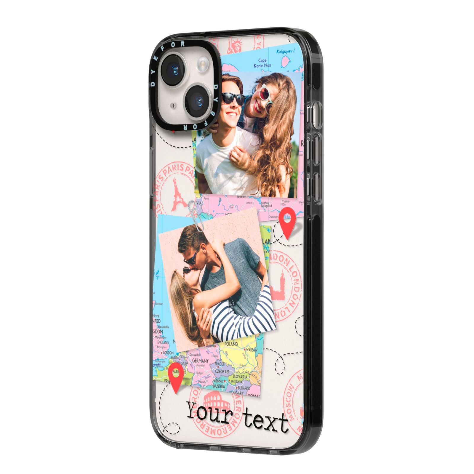 Travel Photo Montage Upload with Text iPhone 14 Plus Black Impact Case Side Angle on Silver phone