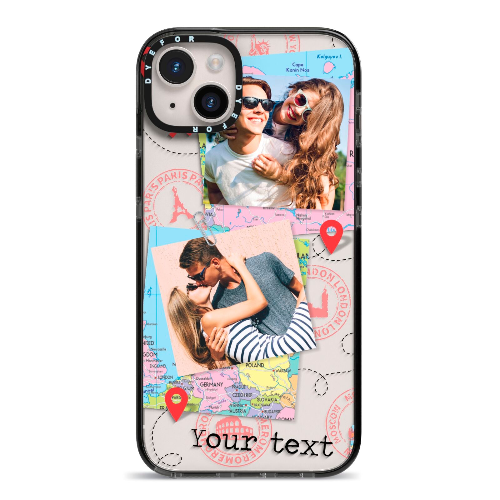 Travel Photo Montage Upload with Text iPhone 14 Plus Black Impact Case on Silver phone
