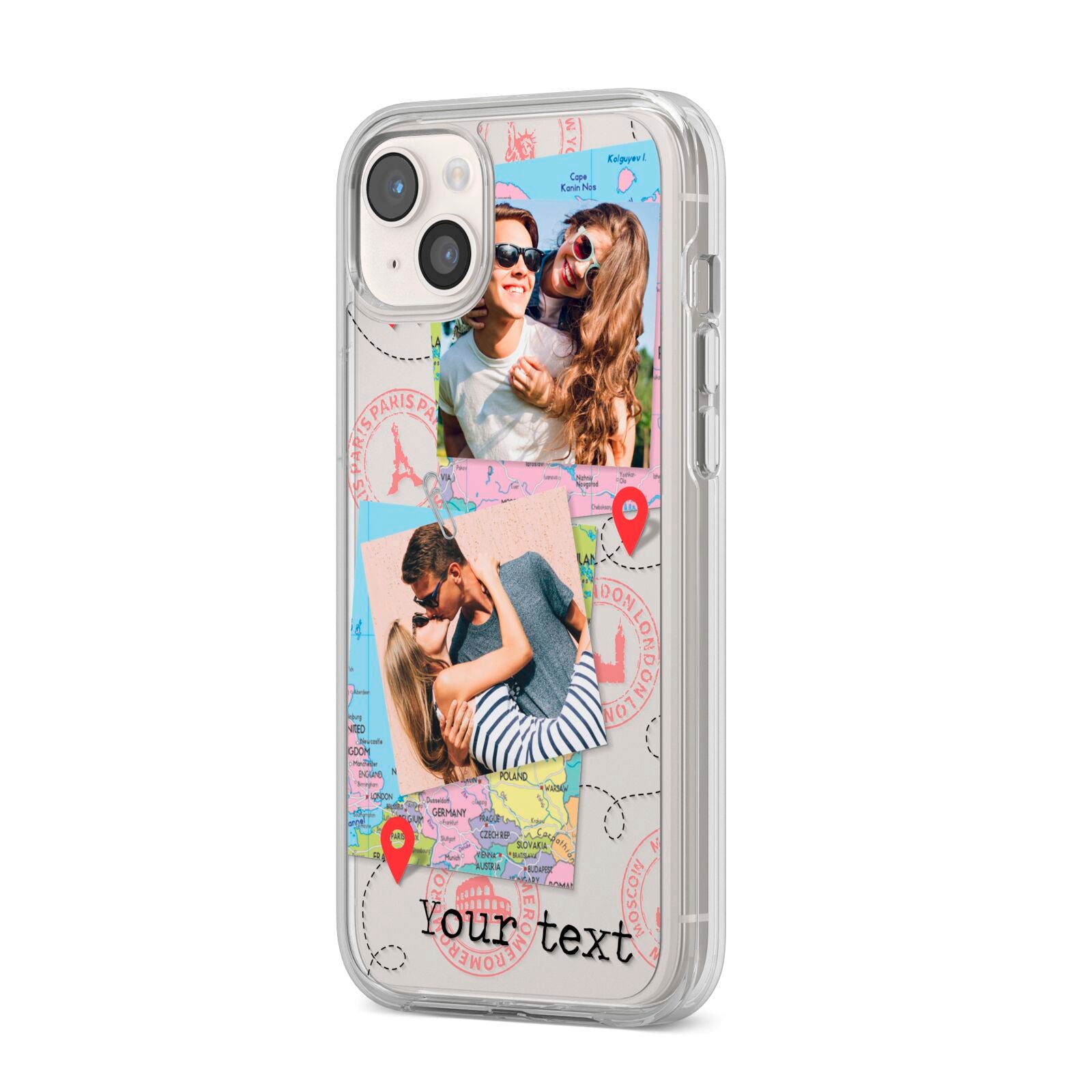 Travel Photo Montage Upload with Text iPhone 14 Plus Clear Tough Case Starlight Angled Image