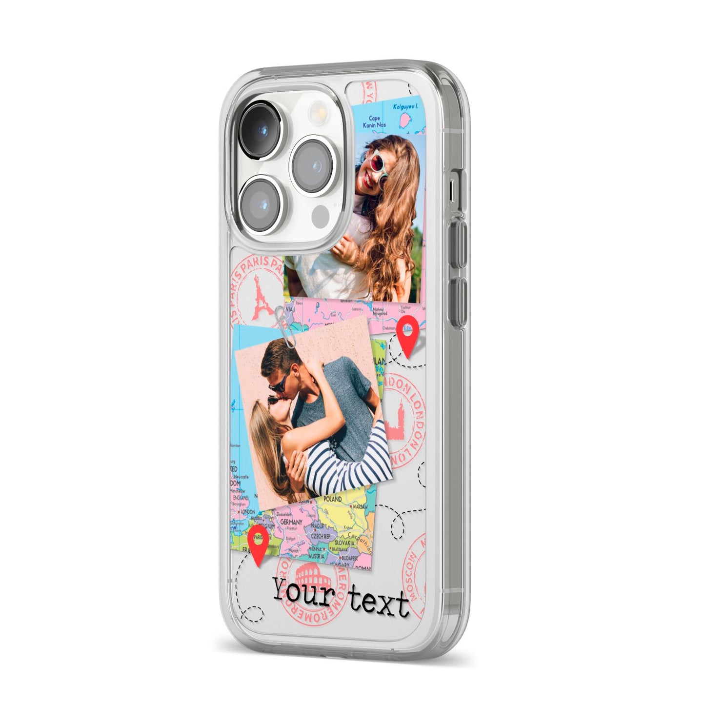 Travel Photo Montage Upload with Text iPhone 14 Pro Clear Tough Case Silver Angled Image