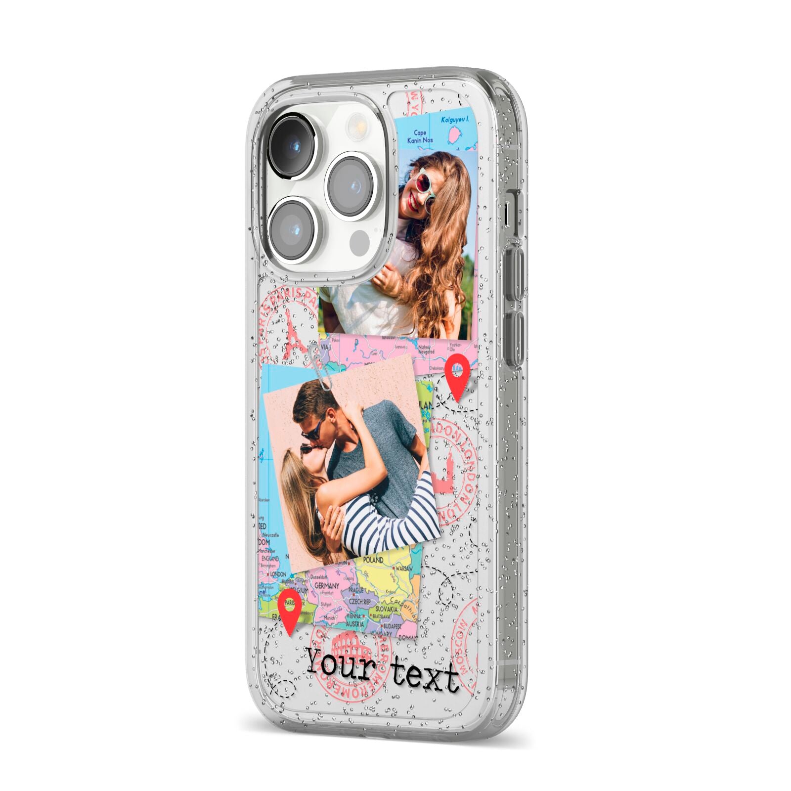 Travel Photo Montage Upload with Text iPhone 14 Pro Glitter Tough Case Silver Angled Image