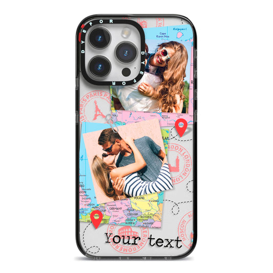 Travel Photo Montage Upload with Text iPhone 14 Pro Max Black Impact Case on Silver phone