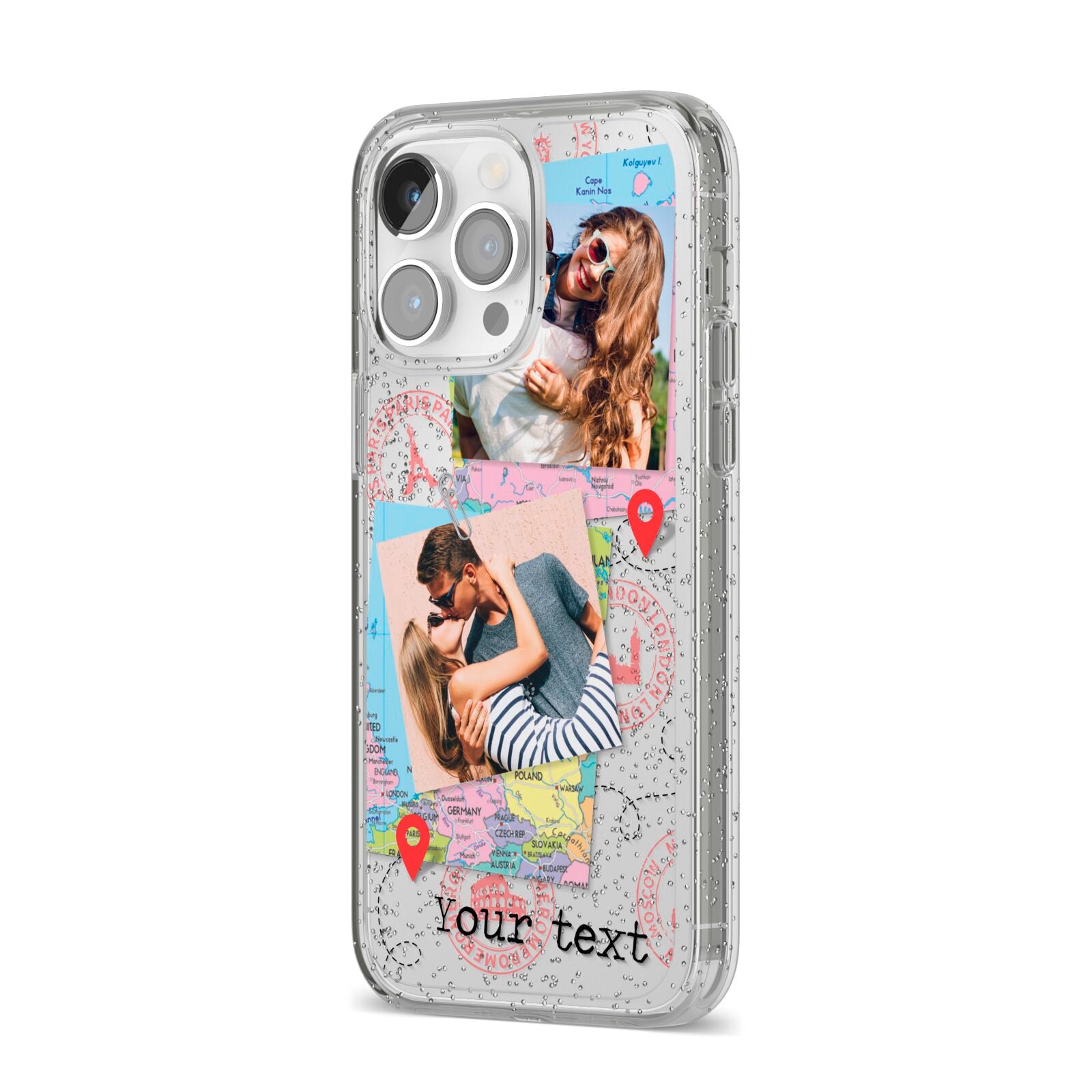 Travel Photo Montage Upload with Text iPhone 14 Pro Max Glitter Tough Case Silver Angled Image