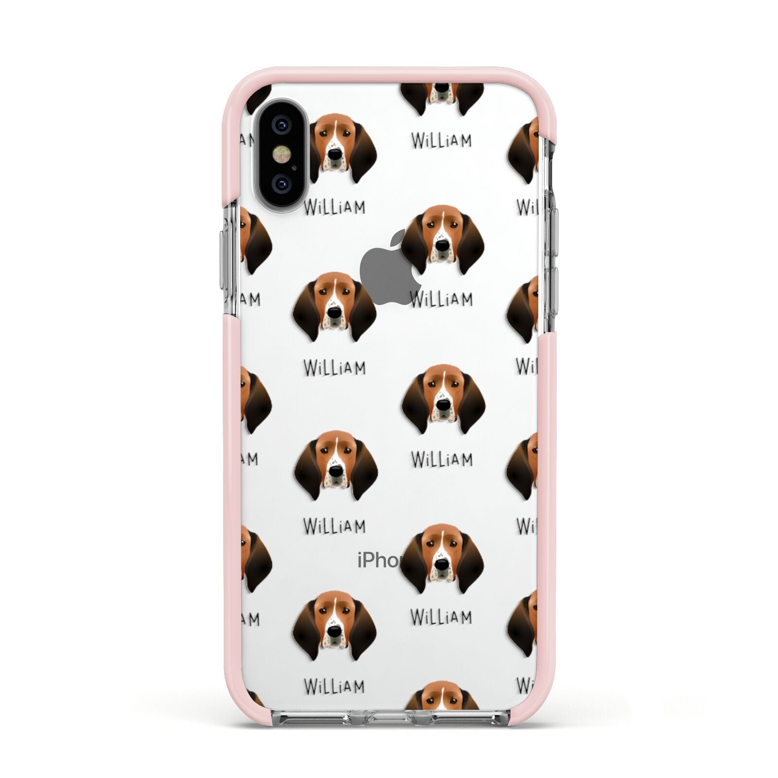Treeing Walker Coonhound Icon with Name Apple iPhone Xs Impact Case Pink Edge on Silver Phone