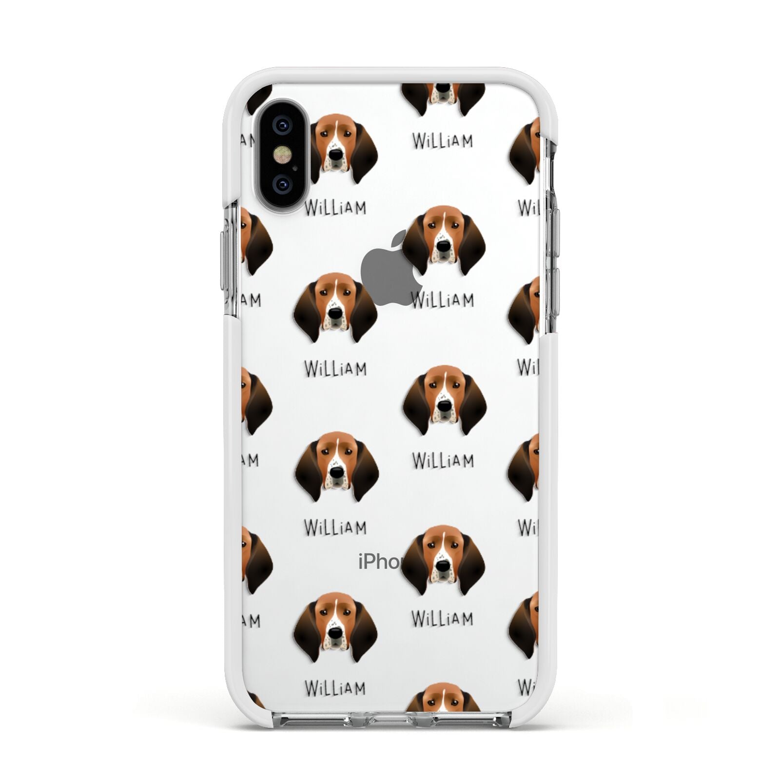 Treeing Walker Coonhound Icon with Name Apple iPhone Xs Impact Case White Edge on Silver Phone