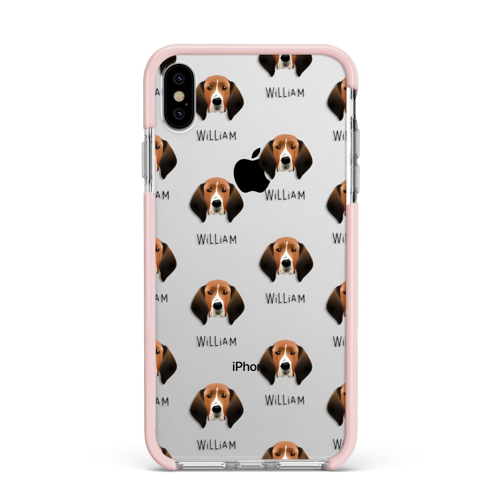 Treeing Walker Coonhound Icon with Name Apple iPhone Xs Max Impact Case Pink Edge on Silver Phone