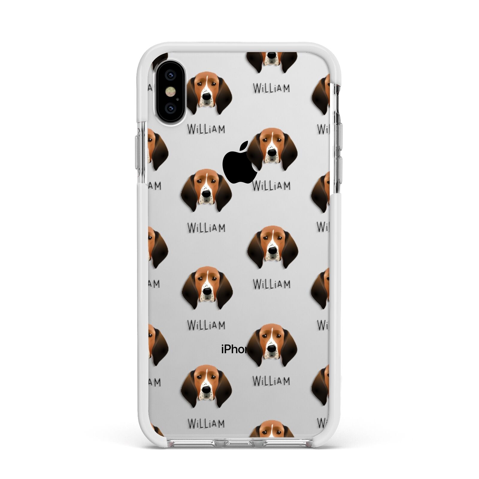 Treeing Walker Coonhound Icon with Name Apple iPhone Xs Max Impact Case White Edge on Silver Phone