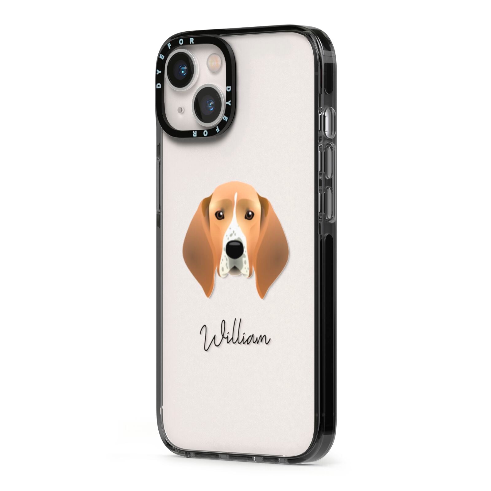 Treeing Walker Coonhound Personalised iPhone 13 Black Impact Case Side Angle on Silver phone