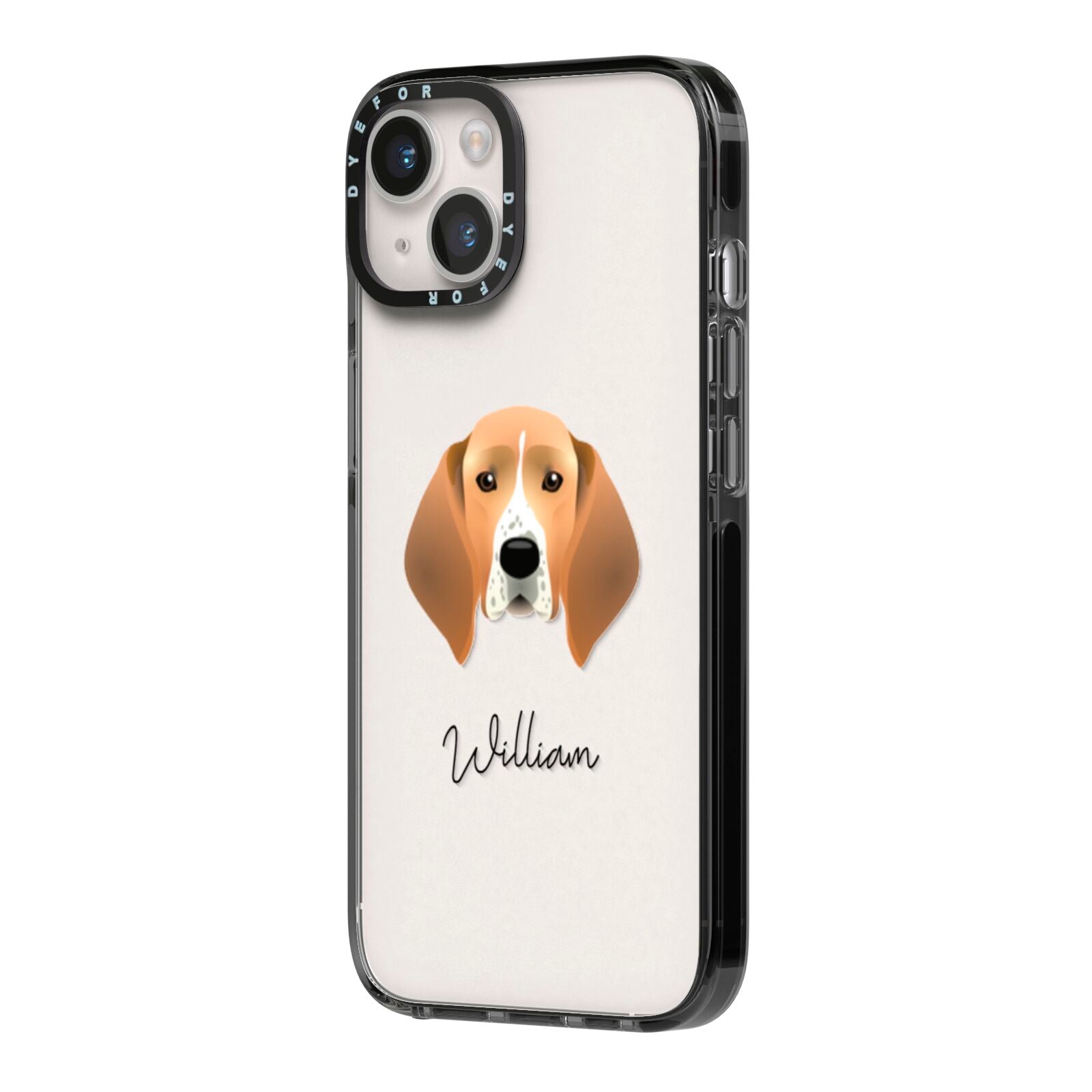 Treeing Walker Coonhound Personalised iPhone 14 Black Impact Case Side Angle on Silver phone