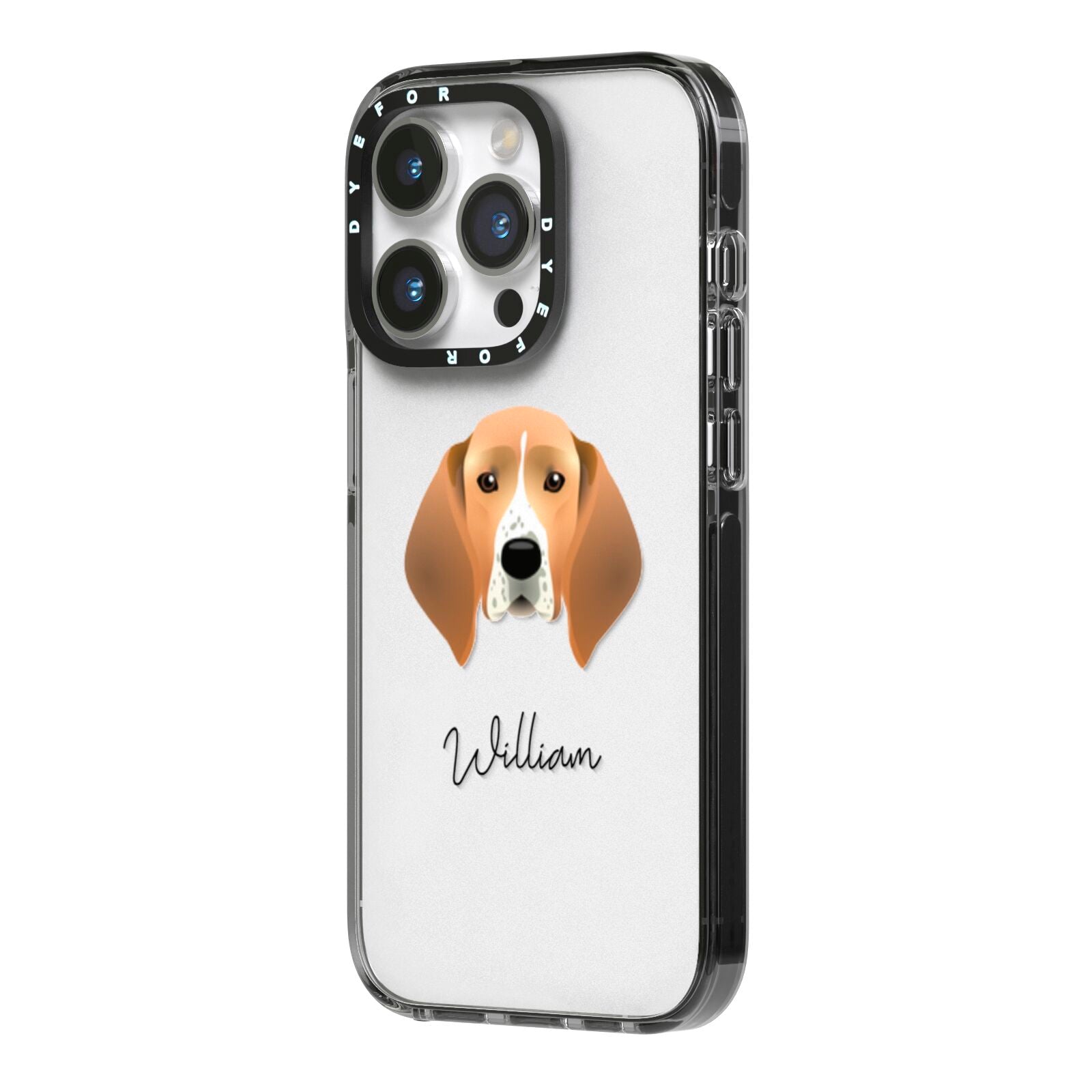 Treeing Walker Coonhound Personalised iPhone 14 Pro Black Impact Case Side Angle on Silver phone