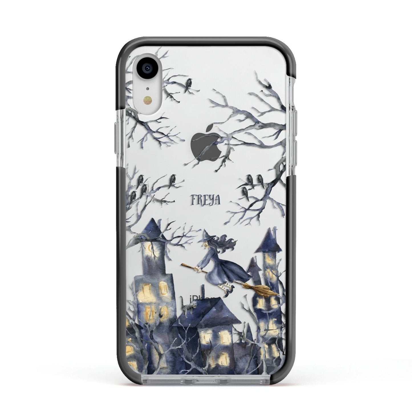 Treetop Halloween Witch Apple iPhone XR Impact Case Black Edge on Silver Phone