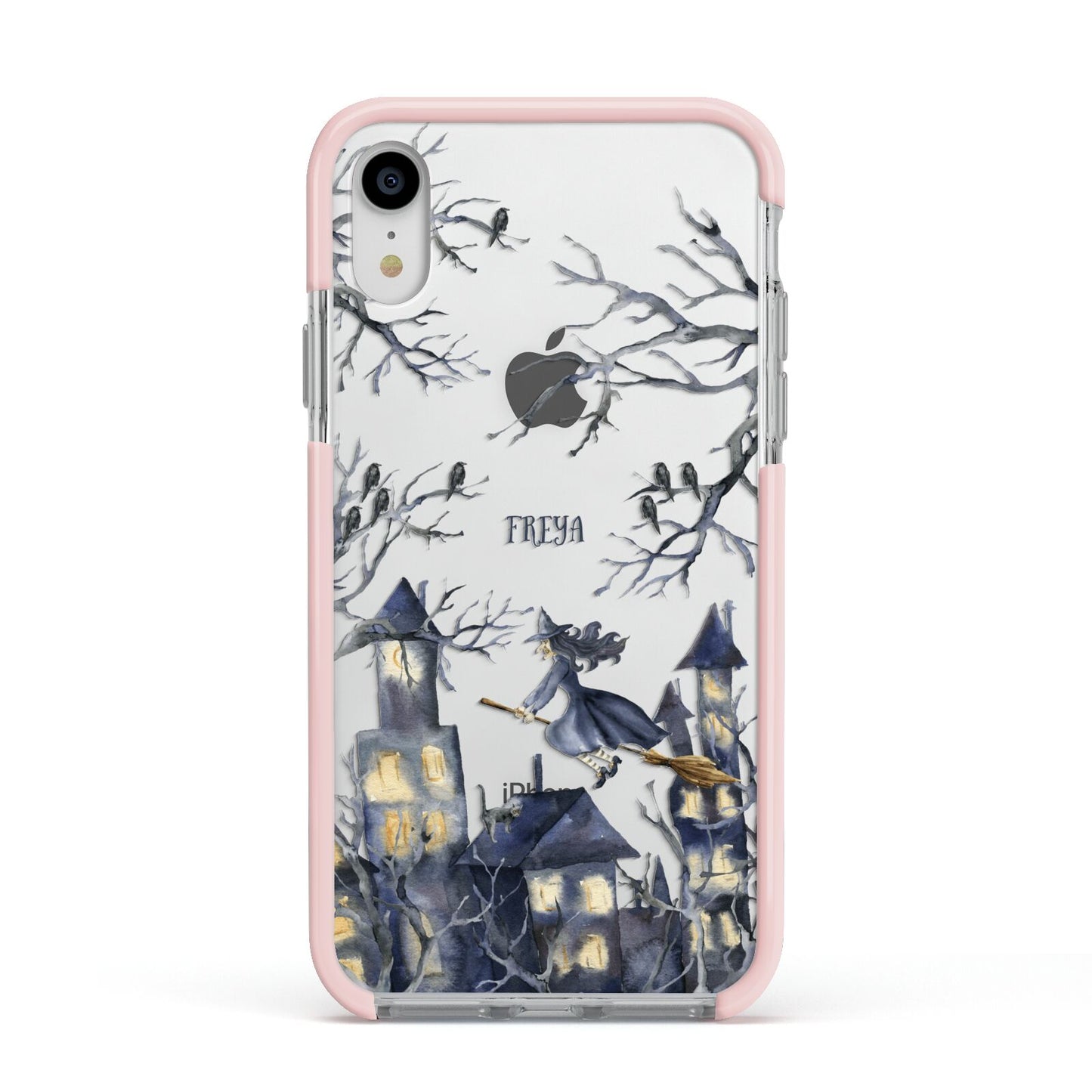 Treetop Halloween Witch Apple iPhone XR Impact Case Pink Edge on Silver Phone
