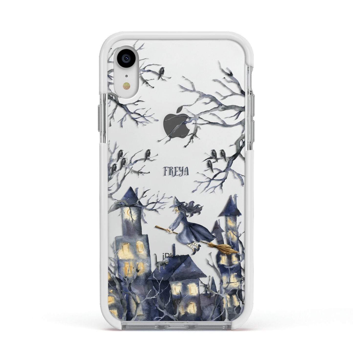 Treetop Halloween Witch Apple iPhone XR Impact Case White Edge on Silver Phone