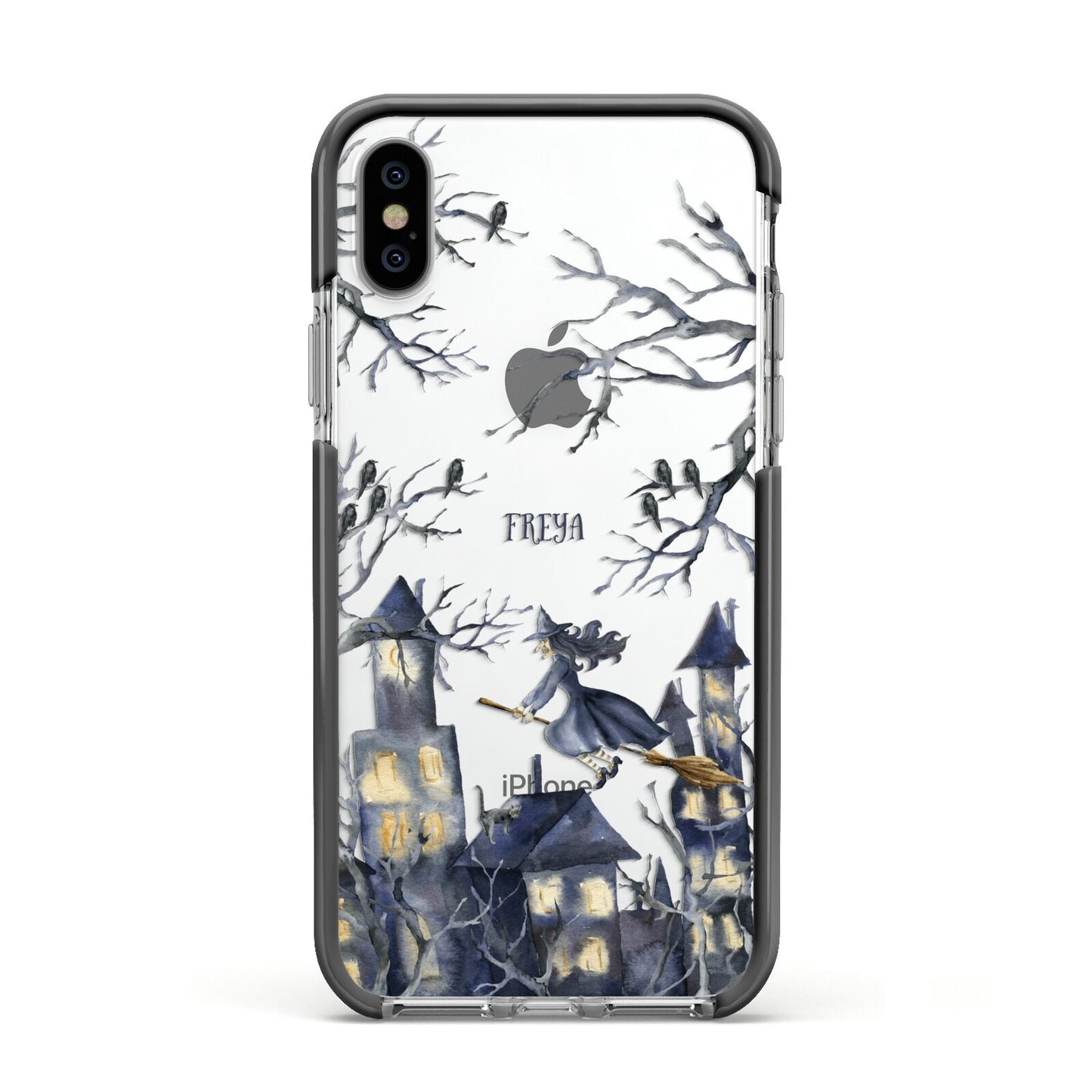 Treetop Halloween Witch Apple iPhone Xs Impact Case Black Edge on Silver Phone