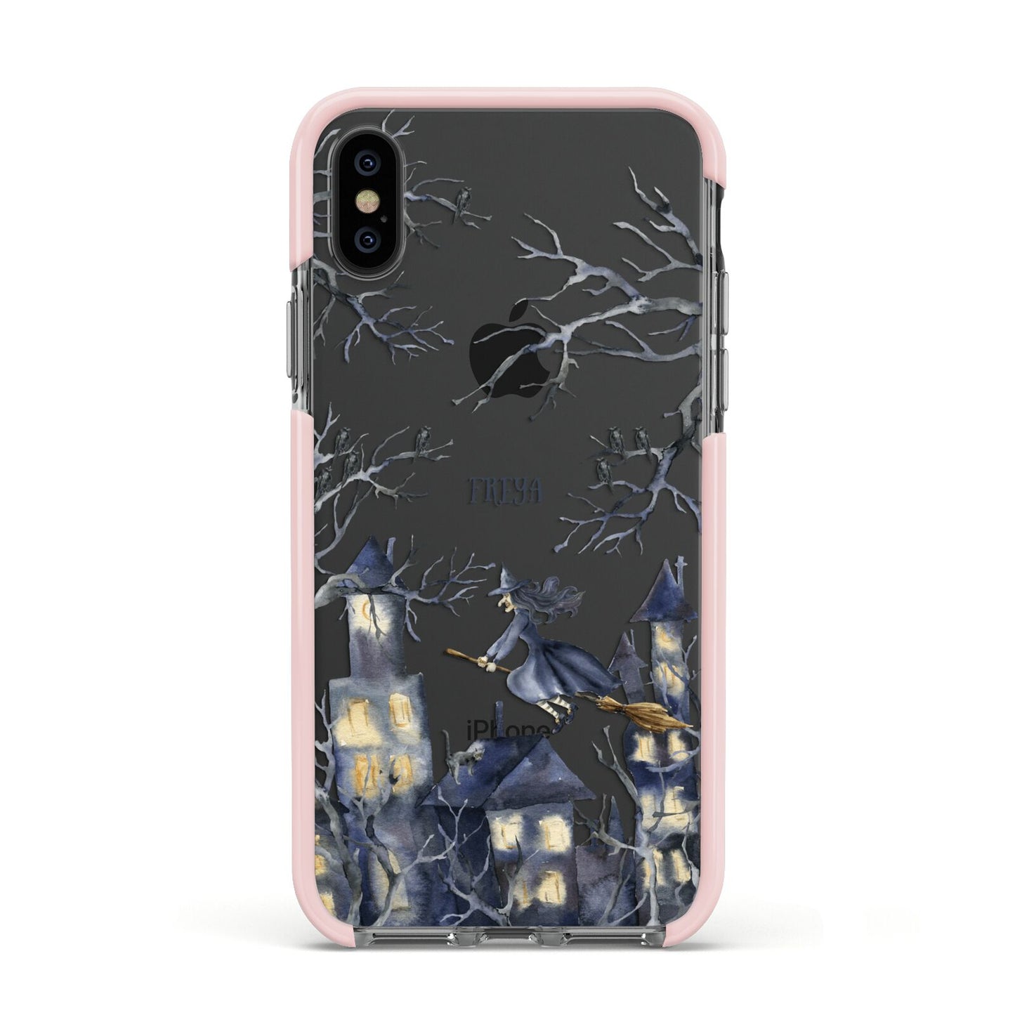 Treetop Halloween Witch Apple iPhone Xs Impact Case Pink Edge on Black Phone