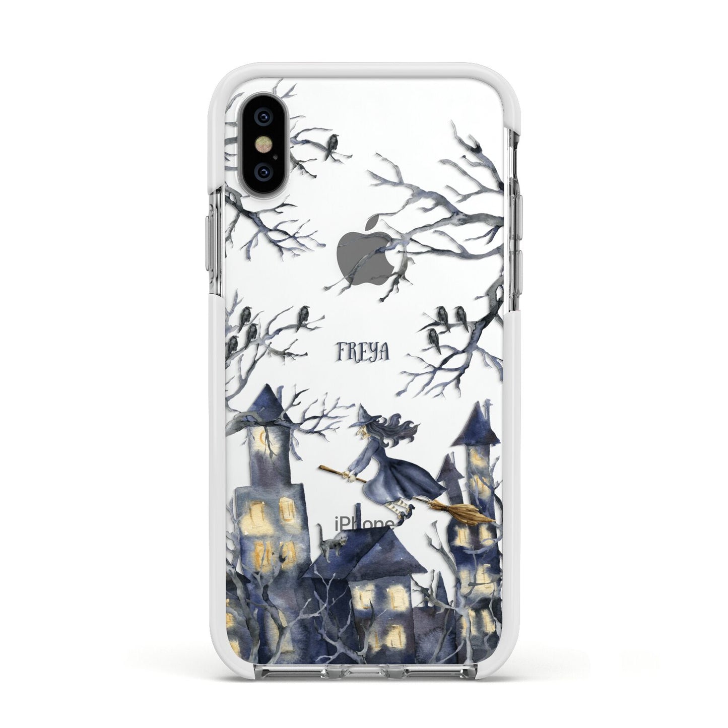 Treetop Halloween Witch Apple iPhone Xs Impact Case White Edge on Silver Phone