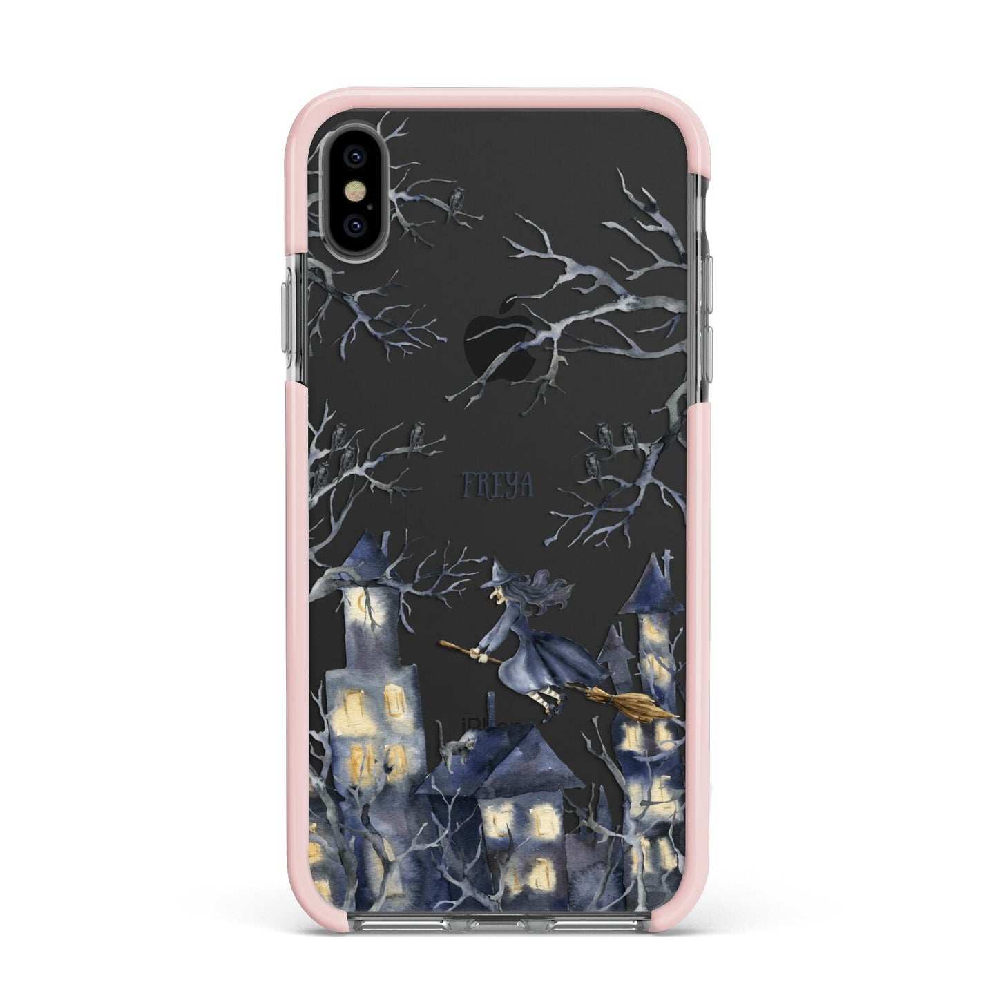 Treetop Halloween Witch Apple iPhone Xs Max Impact Case Pink Edge on Black Phone