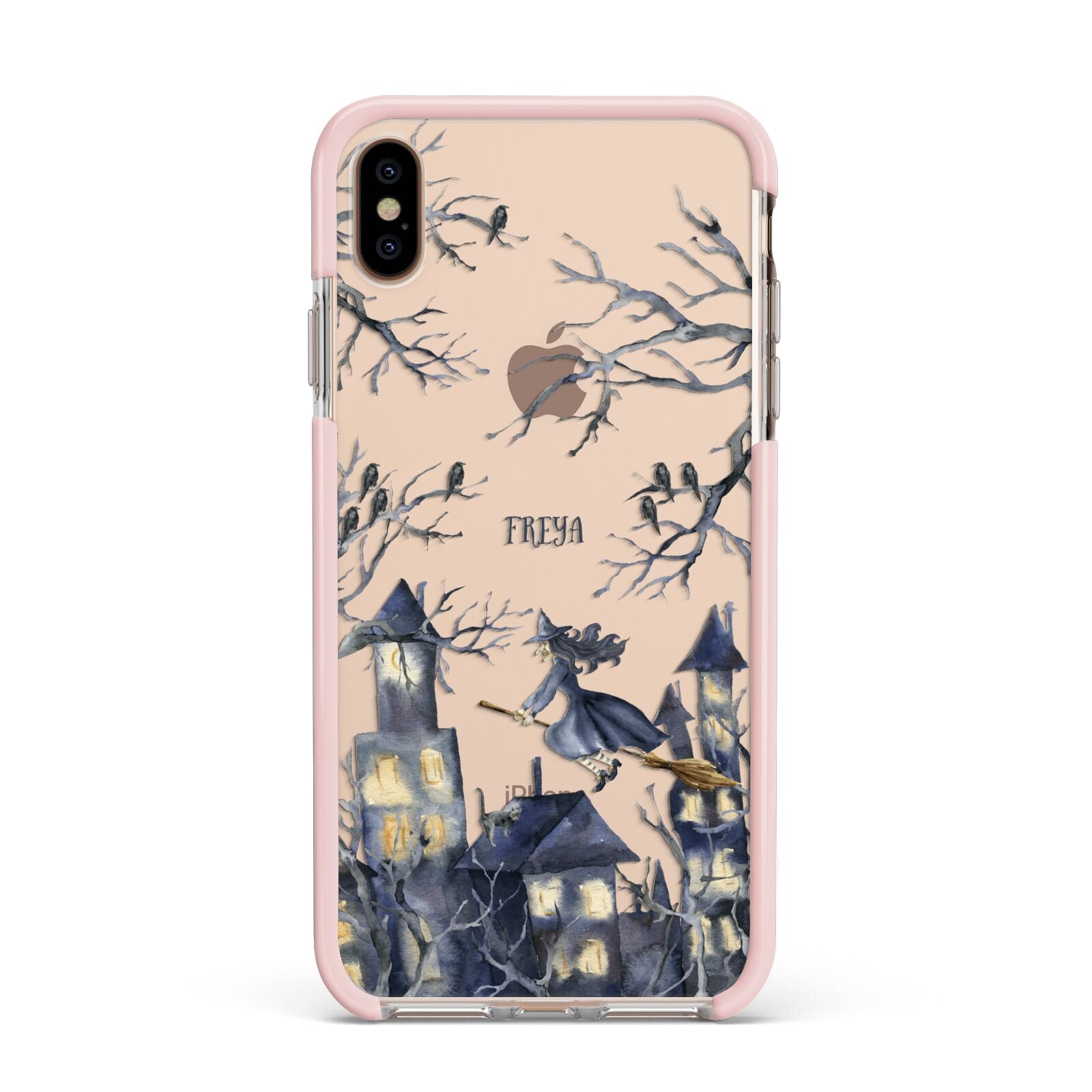 Treetop Halloween Witch Apple iPhone Xs Max Impact Case Pink Edge on Gold Phone