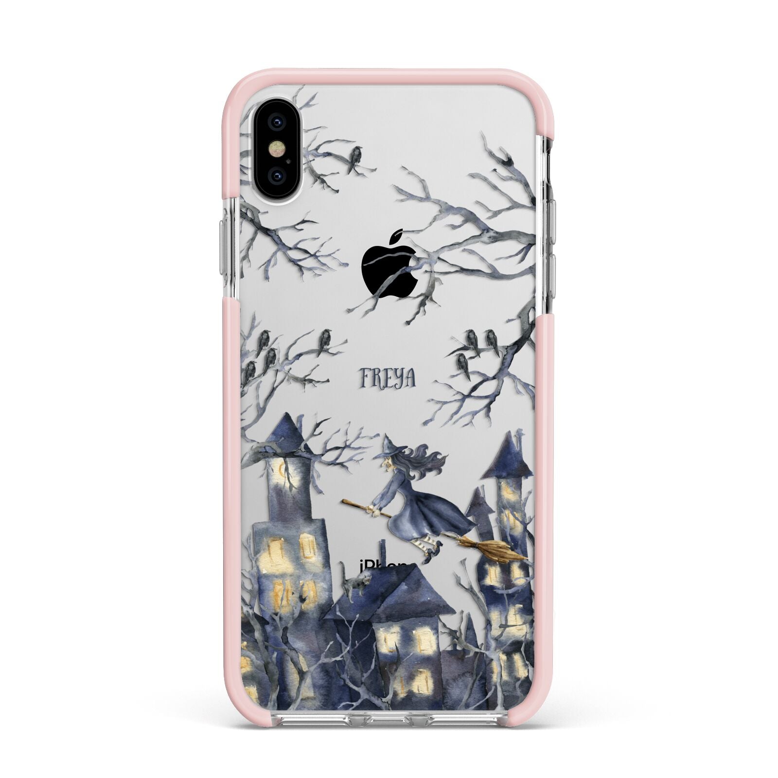 Treetop Halloween Witch Apple iPhone Xs Max Impact Case Pink Edge on Silver Phone
