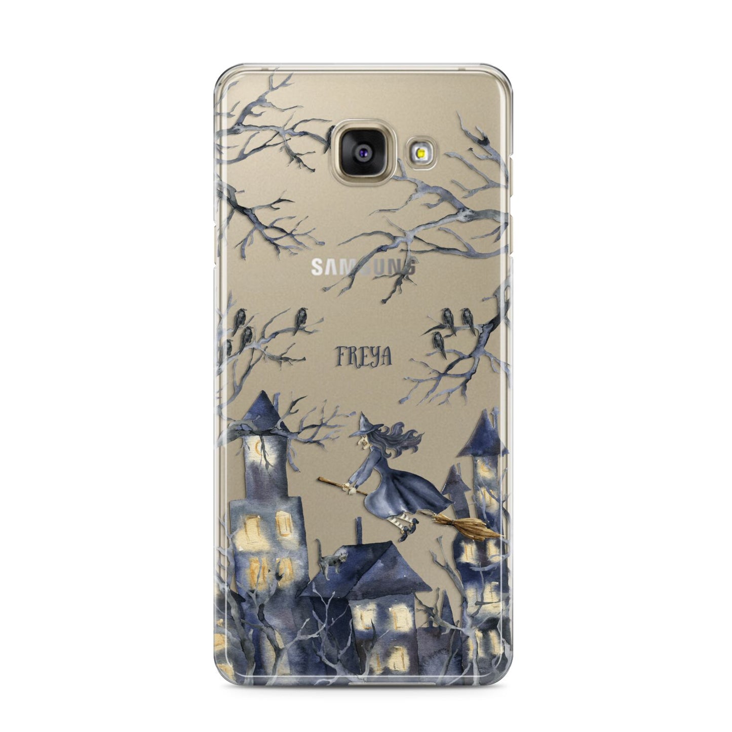 Treetop Halloween Witch Samsung Galaxy A3 2016 Case on gold phone