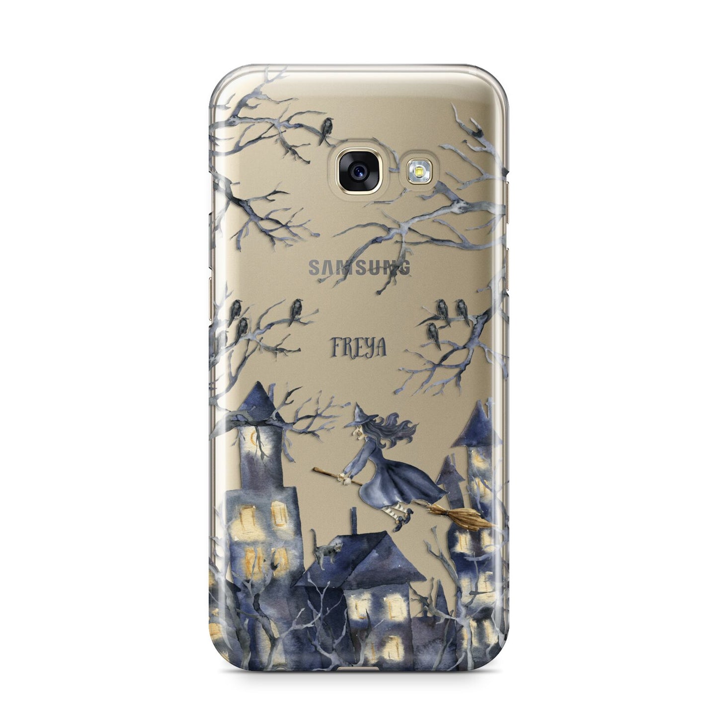 Treetop Halloween Witch Samsung Galaxy A3 2017 Case on gold phone
