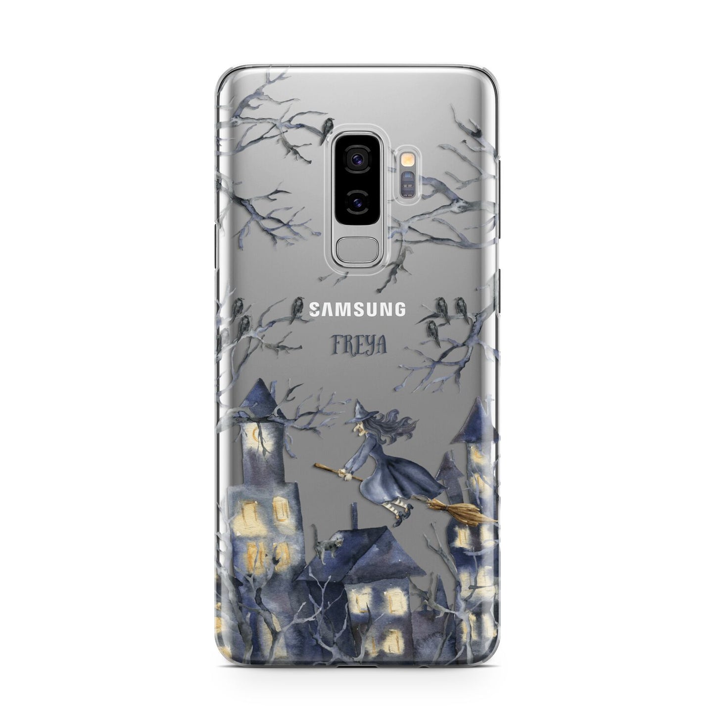 Treetop Halloween Witch Samsung Galaxy S9 Plus Case on Silver phone