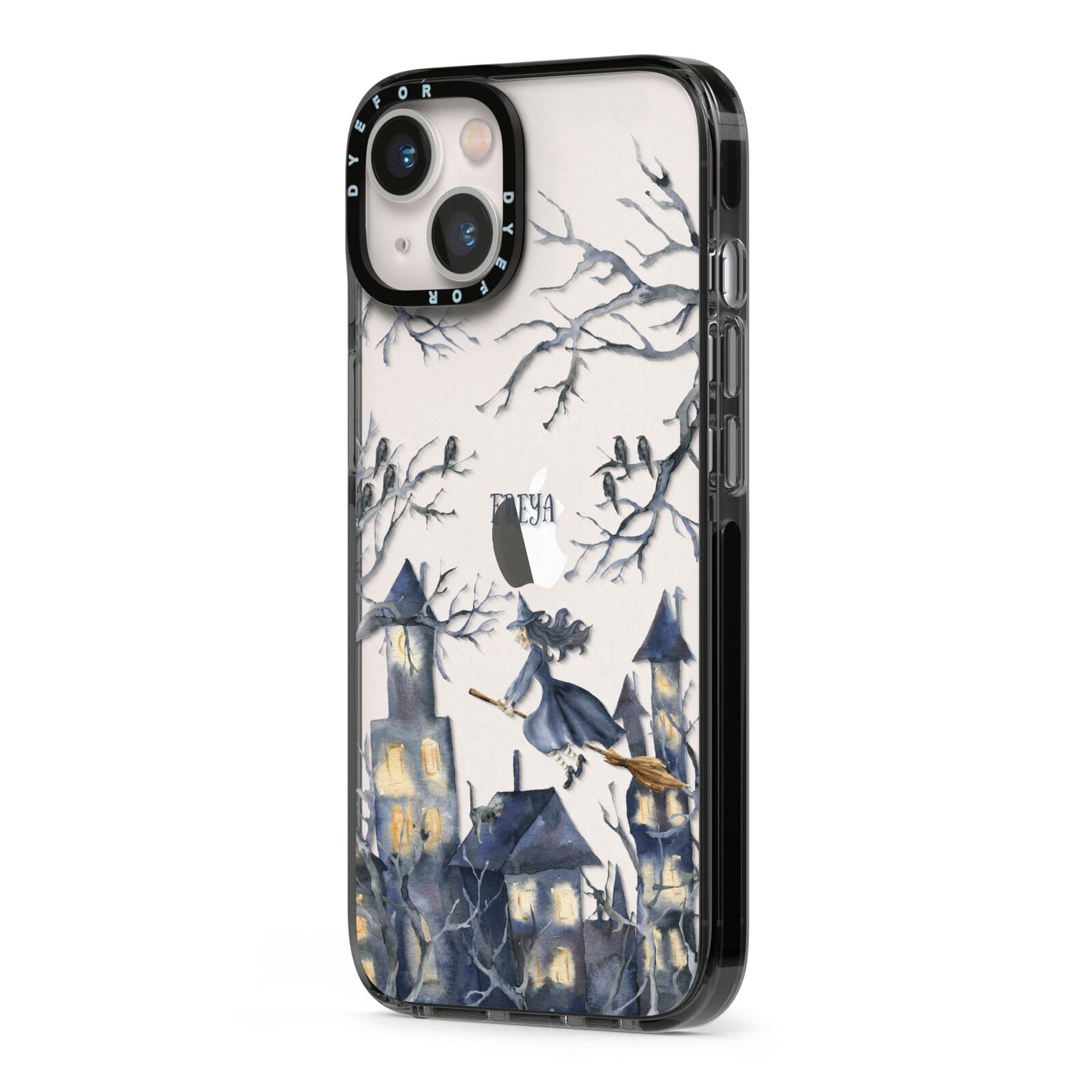 Treetop Halloween Witch iPhone 13 Black Impact Case Side Angle on Silver phone