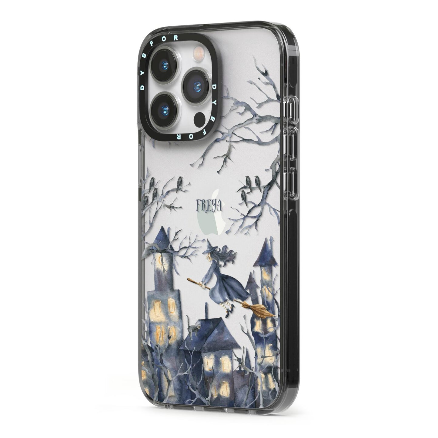 Treetop Halloween Witch iPhone 13 Pro Black Impact Case Side Angle on Silver phone